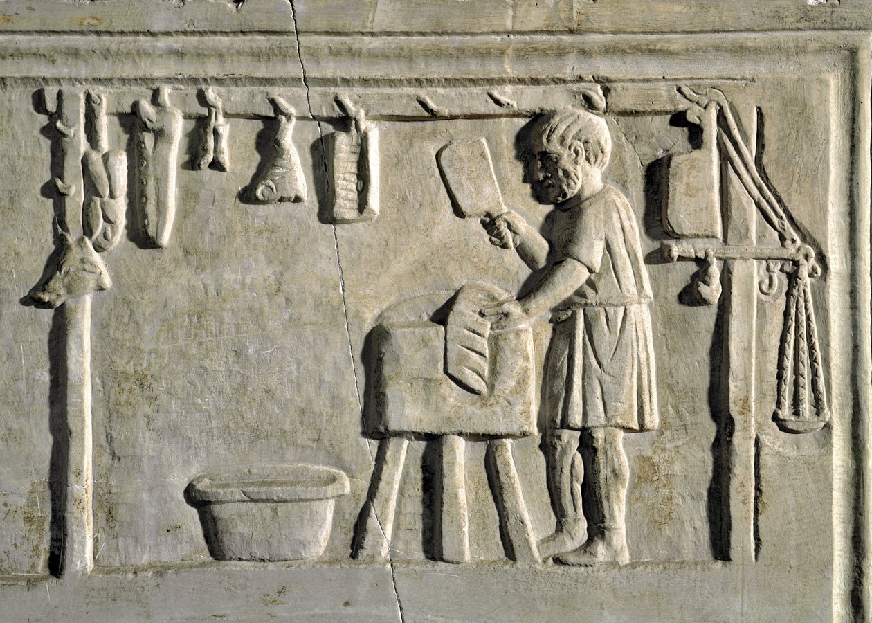 Roomalainen taide: "" lihakauppias kaupassaan"" Basreliefi, roomalainen sivilisaatio, 2. vuosisata jKr., Rooma, Museo della Civilta Romana - Teurastaja työskentelee liikkeessään - Kivireliefi, 2. vuosisadalla jKr. - Rooma, Museo della Civilta Romana tekijältä Roman