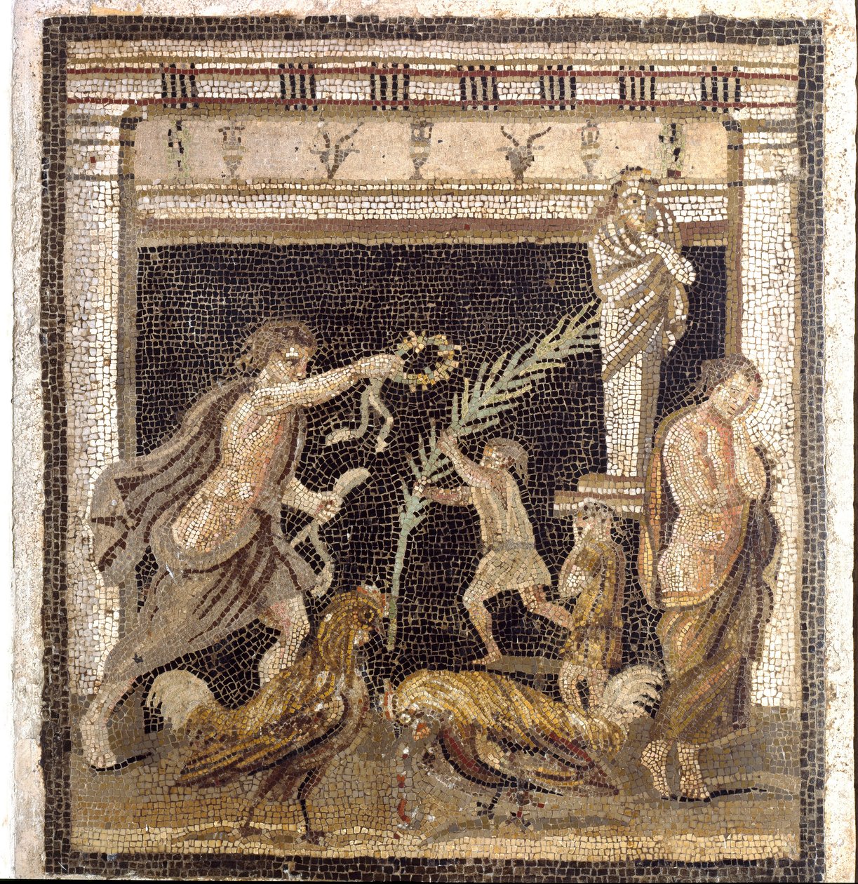 Roomalainen taide: kukkotaistelu palestrassa tappion ja voiton persoonallisuuksien läsnä ollessa. Mosaiikki Villa du Labyrinthista Pompejista. 2. tyyli. Himmeä. 46x42 cm Museo Archeologico Nazionale, Napoli tekijältä Roman