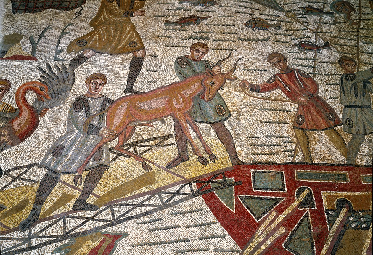 Roomalainen taide: mosaiikin yksityiskohta "" Päämetsästysosa"" Gazellit lastataan laivoille. 315-350 jKr. Piazza Armerina, Villa Romana del Casale tekijältä Roman