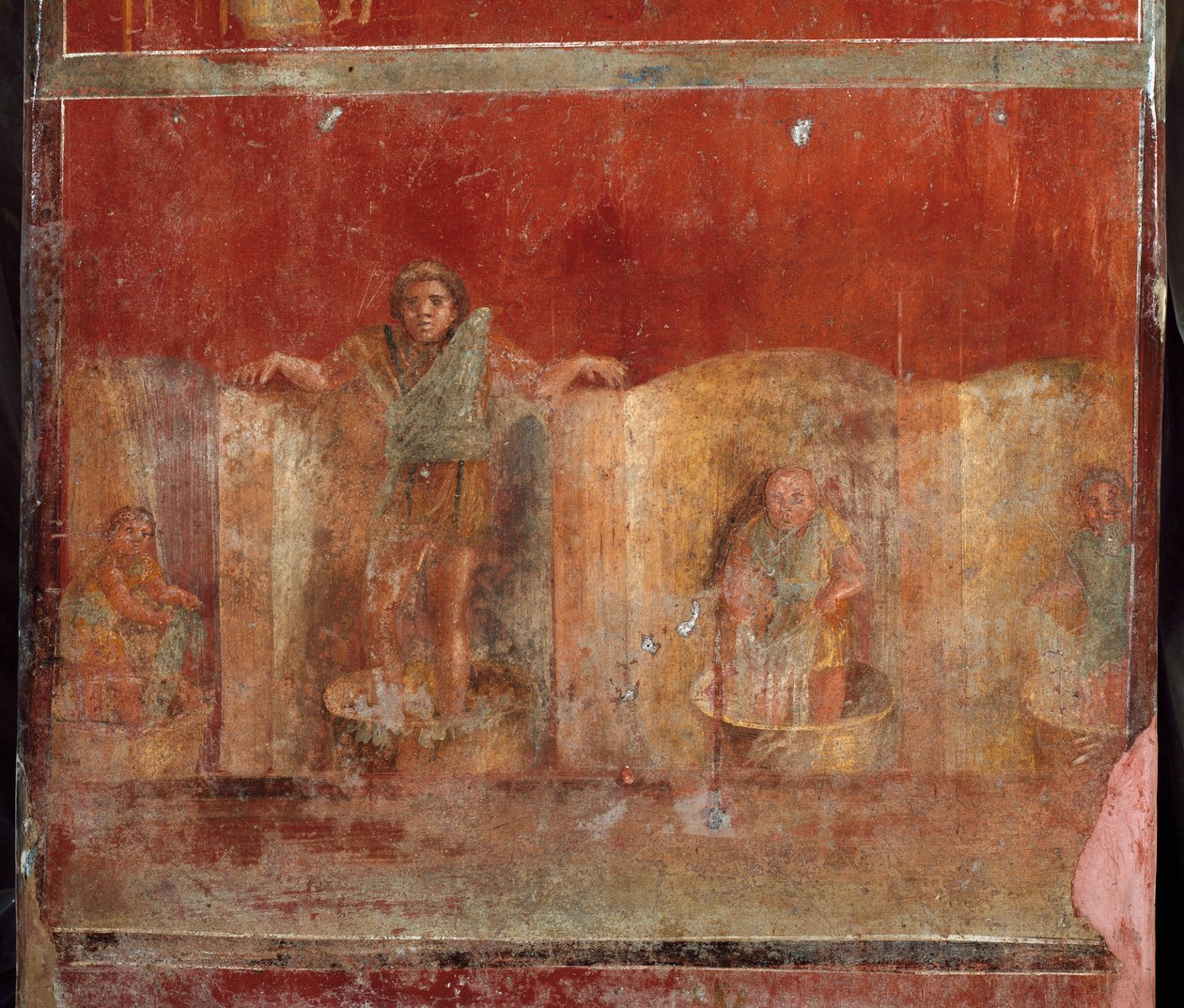 Roomalainen taide: "fulonica or foulonnerie"" kohtaus, joka kuvaa väkijoukkojen vaatteiden puhdistamista jaloista. Fresko Pompejin huvilasta Fullonica stephani (La fullonica de Stephanus), jota käytettiin pesuhuoneena ja värjäyksenä. Maalausta 1. vuosisada tekijältä Roman
