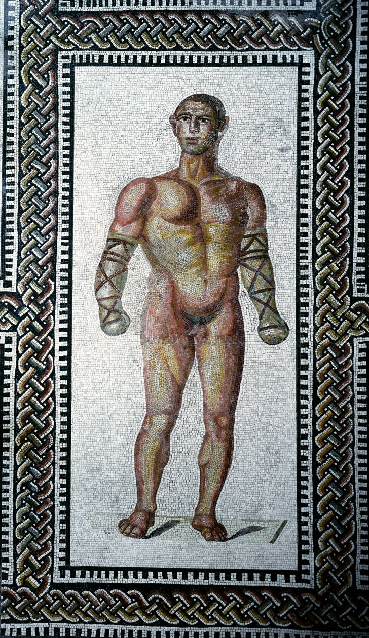 Roomalainen taide: "" gladiaattorin " jalkakäytävämosaiikki Caracallan kylpylöistä. 212 jKr Rooma, kansallinen roomalainen museo (tai Terme) - roomalainen taide: gladiaattori. Lattiamosaiikki Caracallan kylpylöistä. 212 jKr. Rooma, National Roman Museum (t tekijältä Roman