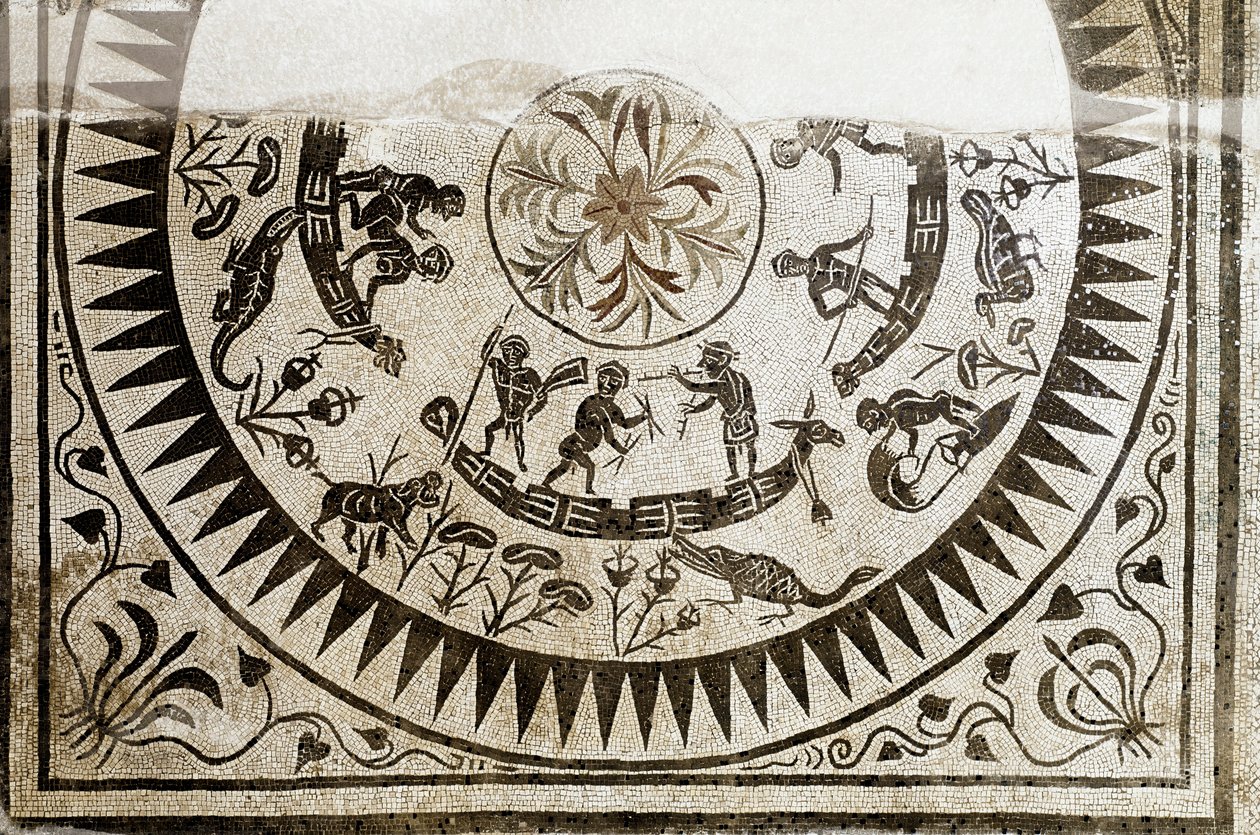 Roomalainen taide: metsästys ja kalastus pygmeesit. 3. vuosisadan mosaiikki. National Roman Museum (tai Terme) Rooma tekijältä Roman