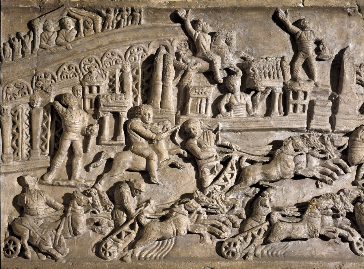 Roomalainen taide: matala kohokuvio, joka edustaa tankkikilpailuja Circus Maximuksessa (Grand Circus tai Circus Maxime) Roomassa. 2. vuosisadalla jKr. Rooma, Museo della Civilta Romana tekijältä Roman