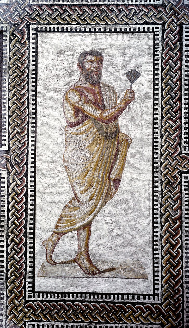 Roomalainen taide: "" mies, jolla on katto "Mosaiikkipäällyste Caracallan kylpylöistä. 212 jKr Rooma, Museo Nazionale Romano (o delle Terme) tekijältä Roman