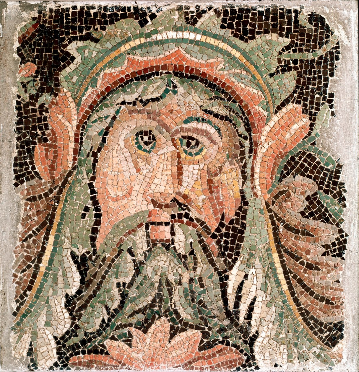 Roomalainen taide: mosaiikki, joka edustaa merijumalan päätä. 3. vuosisadalla jKr. Rooma, Museo Nazionale Romano - roomalainen taide. Meren jumaluus. Mosaiikki, 3. vuosisata jKr. Museo Nazionale Romano, Rooma, Italia tekijältä Roman