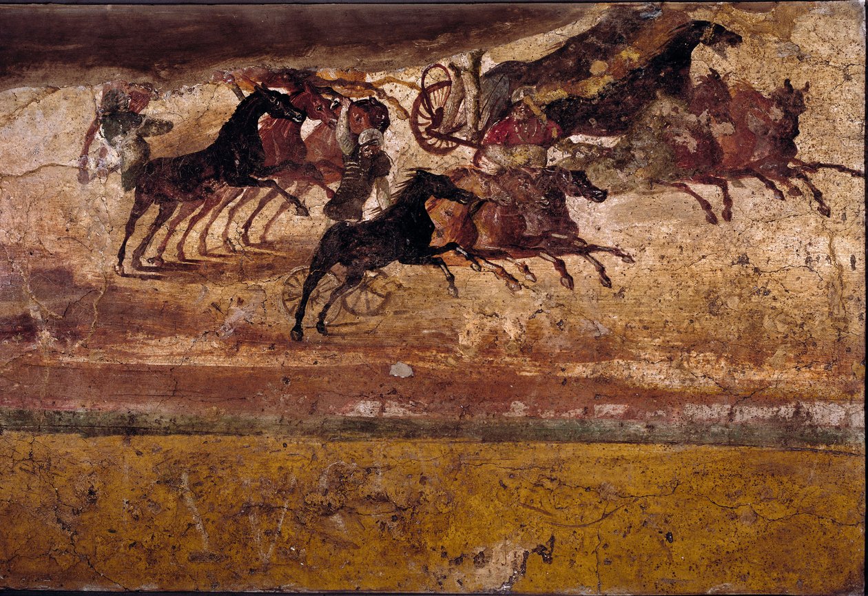 Roomalainen taide: quadrige-rotu. Tuore quadrigen huvilasta. 4. tyyli, Pompei. Napoli, Kansallinen arkeologinen museo tekijältä Roman