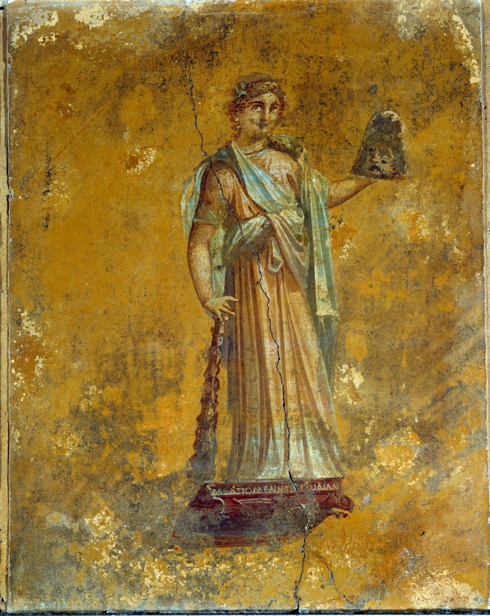 Roomalainen taide: Melpomenen esitys, tragedioiden museo. Fresko Pompejista noin 62 - 79 jKr. Pariisi, Louvre-museo tekijältä Roman