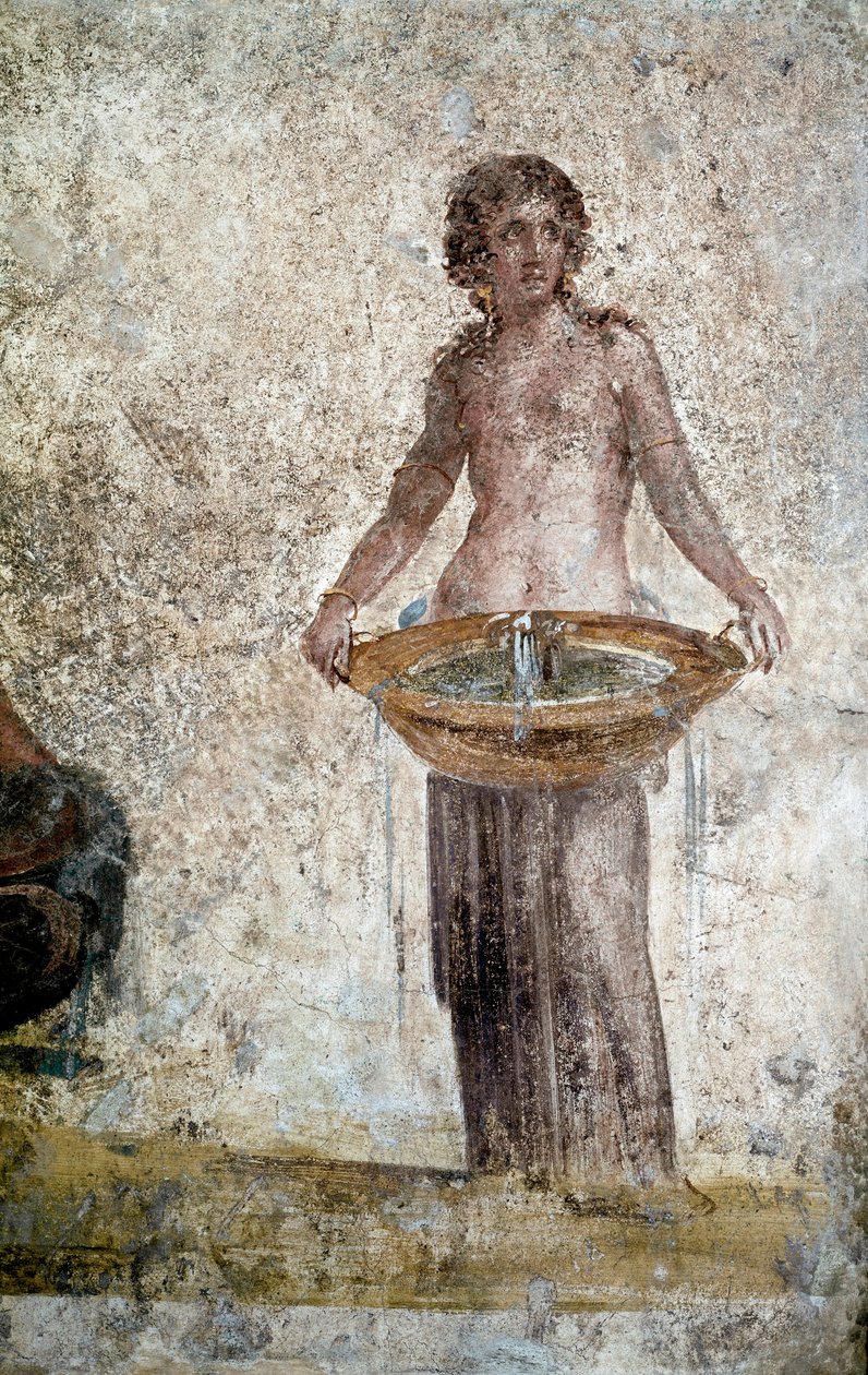 Roomalainen taide: nymfin esitys. Yksityiskohta freskosta Vestalesin talosta Pompejista. 1. vuosisadalla jKr. Pariisi, Louvre-museo tekijältä Roman