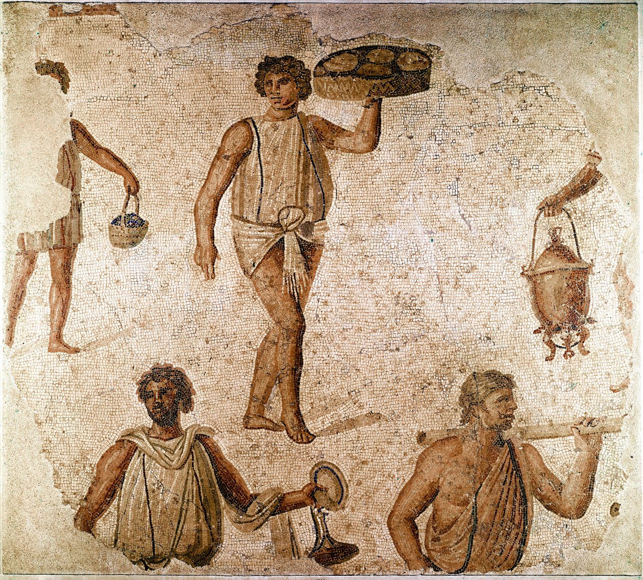 Roomalainen taide: palvelijat juhlaillassa. Fragmentti mosaiikkia Carthagesta, Tunisiasta. 180-190 jKr. Pariisi, Louvre-museo tekijältä Roman
