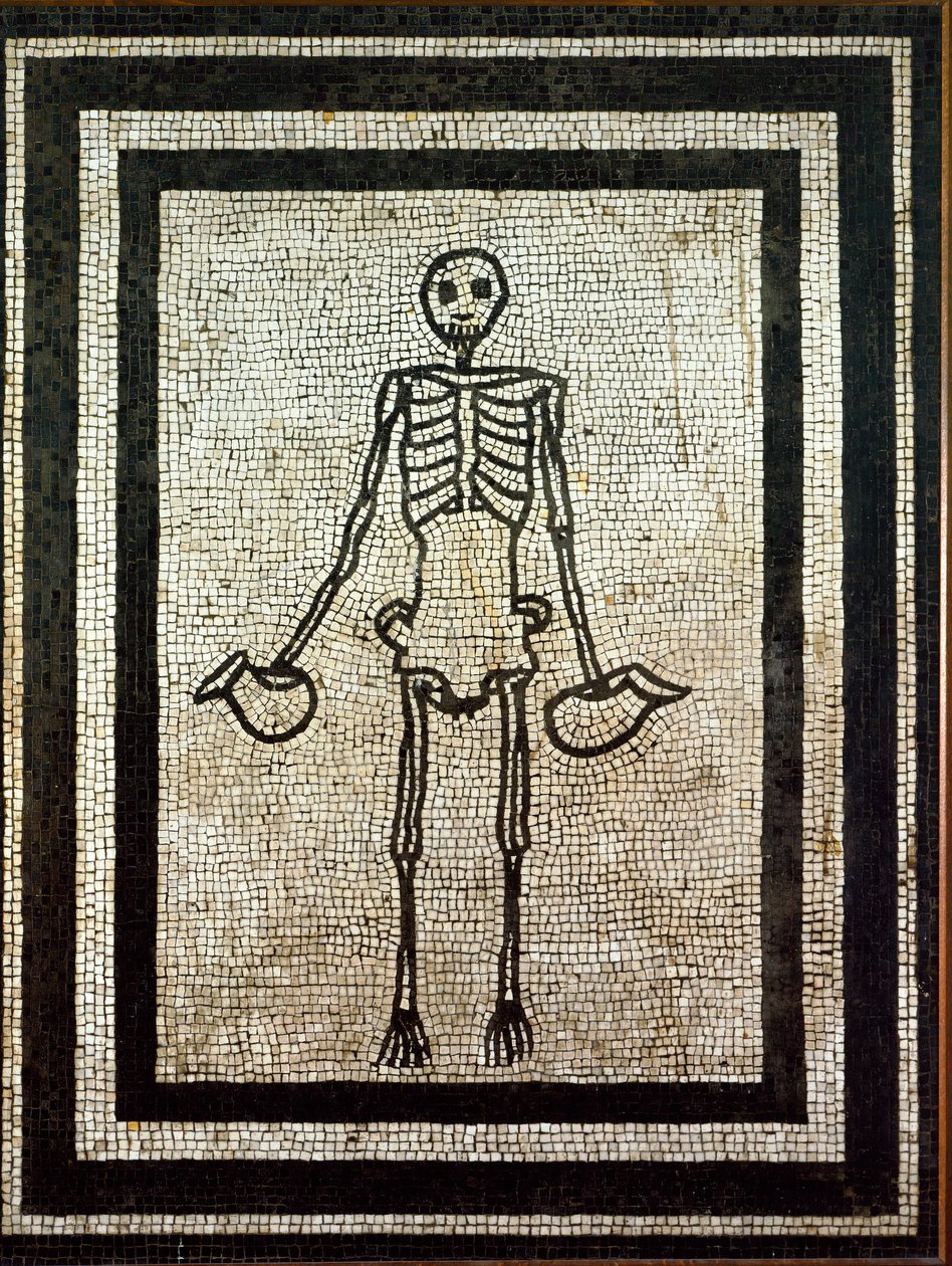 Roomalainen taide: luuranko, jossa on kaksi kannua. 1. vuosisadan mosaiikki. Napoli, museo nazionale archeologico - roomalainen taide: luuranko, jossa on kaksi kannua. 1. vuosisadan mosaiikki Pompejista. Kansallinen arkeologinen museo, Napoli, Italia tekijältä Roman