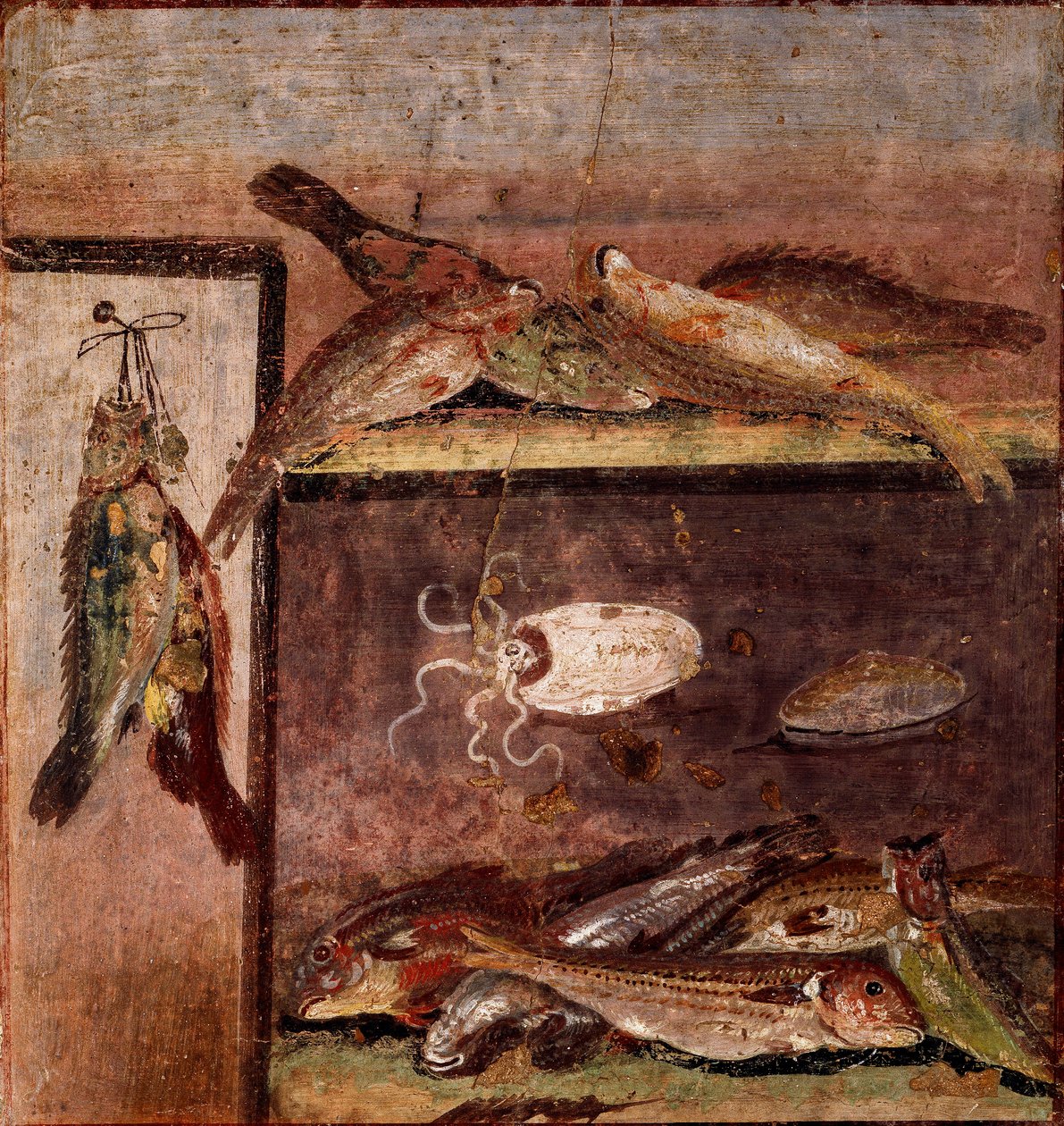 Roomalainen taide: "" asetelma kalalla"" Fresko Pompejin paikalta. 1. vuosisadalla jKr. Napoli, Museo Archeologico Nazionale tekijältä Roman