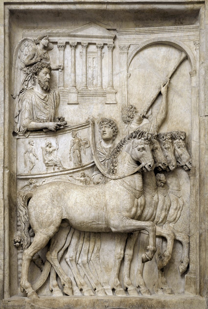 Rooman keisari Marcus Aurelius voittovaunussaan 2. vuosisadalla (marmorireliefi) tekijältä Roman