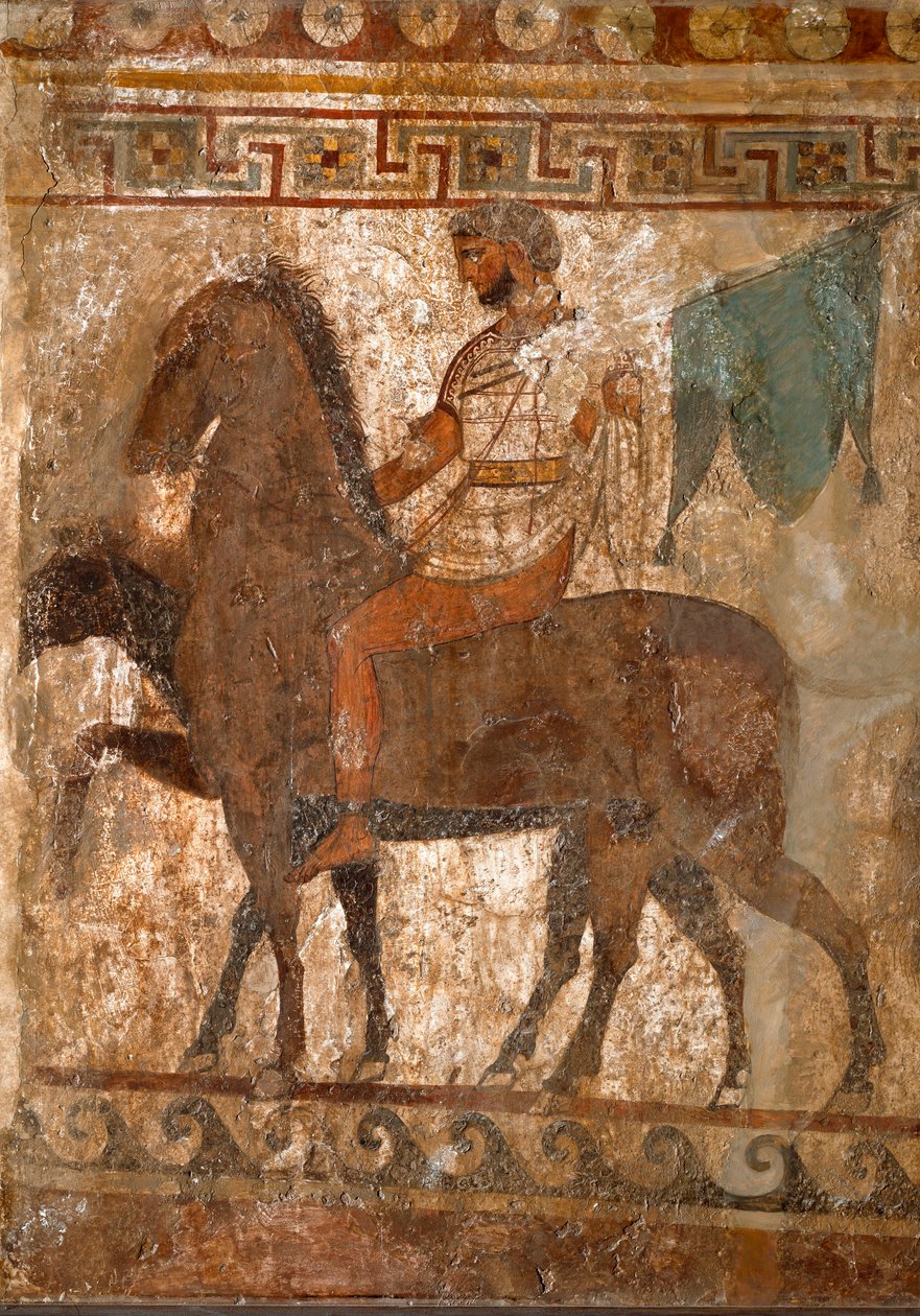 Samnite ratsastaja. Hautamaalaus 4. vuosisadalta eKr. Paestumin paikalta Italiasta. Fresko. Museo nazionale archeologico, Napoli (Napolin arkeologinen museo). tekijältä Roman