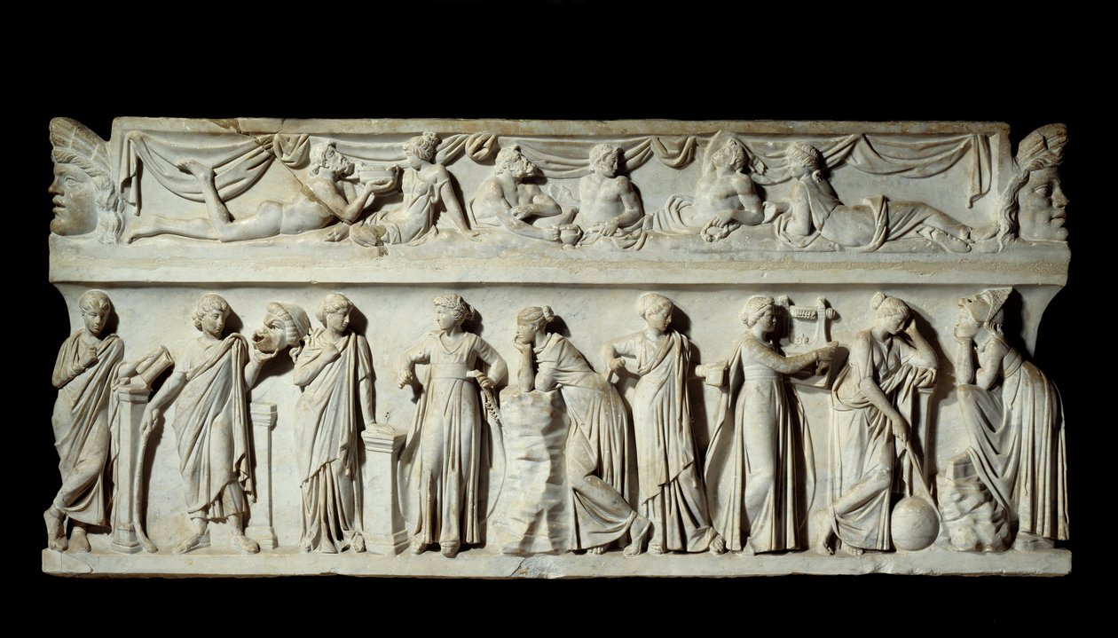 Sarcophagus des Muses: esitys taiteen ja kirjainten muusoista. Marmori veistos. 150 jKr. Pariisi, Louvre-museo. tekijältä Roman