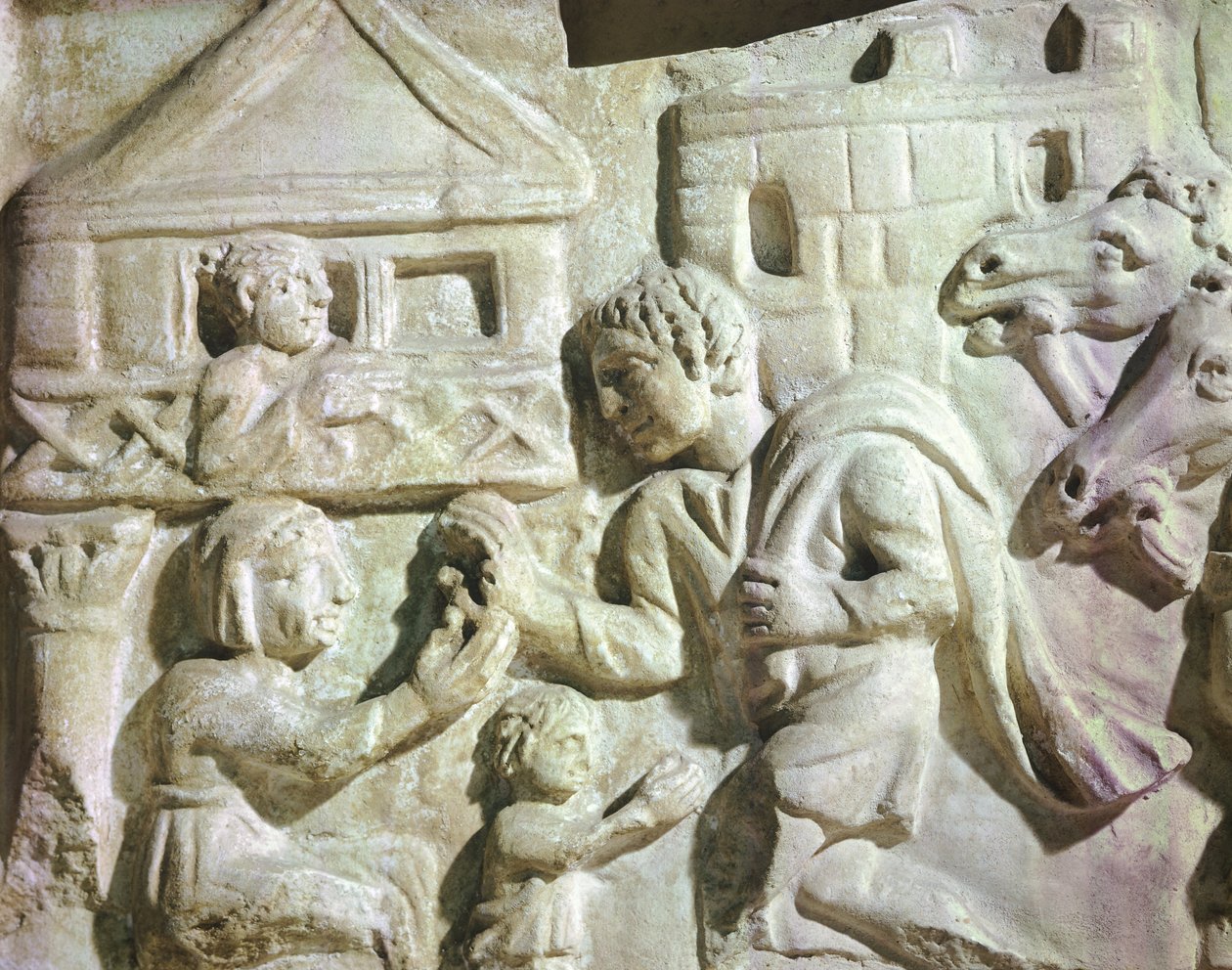 Kohtaus peuranmetsästyksestä verkkojen kanssa, roomalainen skarkofagi, 4. vuosisata (reliefi) tekijältä Roman