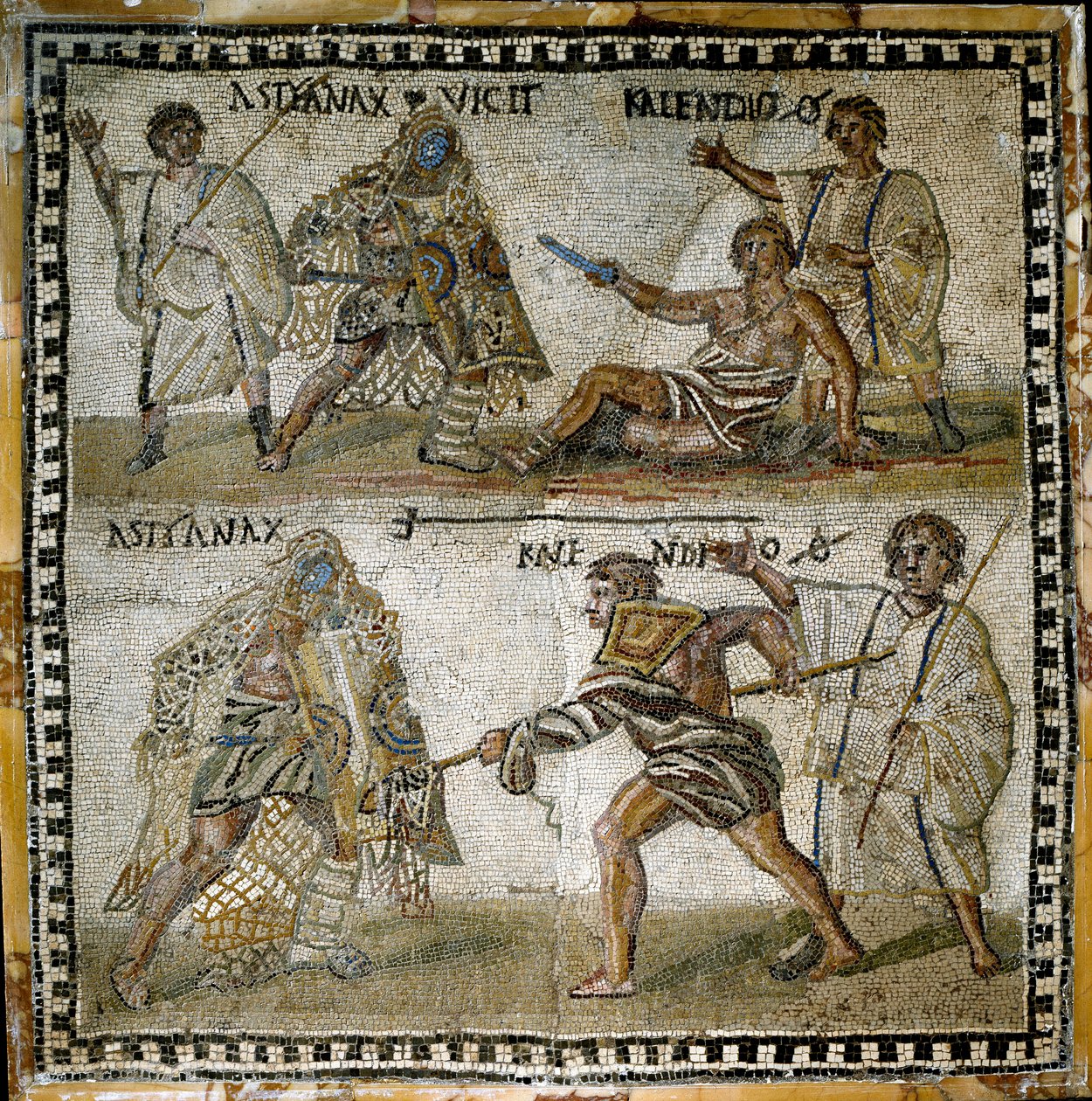 Kohtaus gladiaattoritaisteluista, eläkeläisen ja sekutorin välillä, 4. vuosisata (mosaiikki) tekijältä Roman