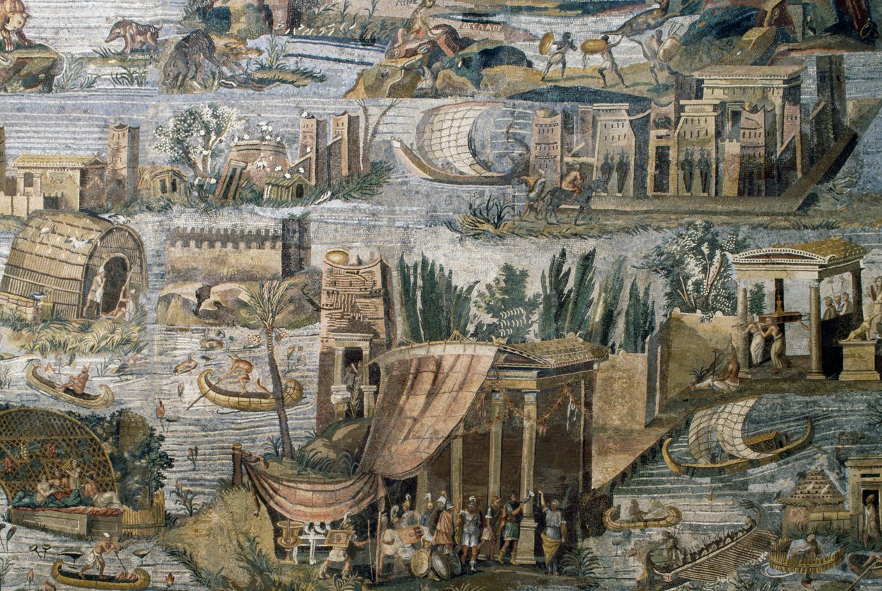 Temppeleitä Niilin varrella, yksityiskohta Niilijoen tulvan niloottisesta mosaiikista Egyptissä, Fortuna Primigenian pyhäköstä Palestrinassa, Laziossa, Italiassa, roomalainen sivilisaatio tekijältä Roman