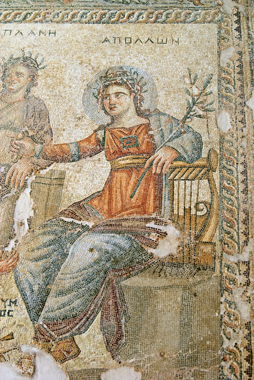 Apollon ja Marsyaksen mosaiikki, Plinius ja Apollon yksityiskohta, Aionin talo, Paphos, Kyproksen mosaiikki tekijältä Roman