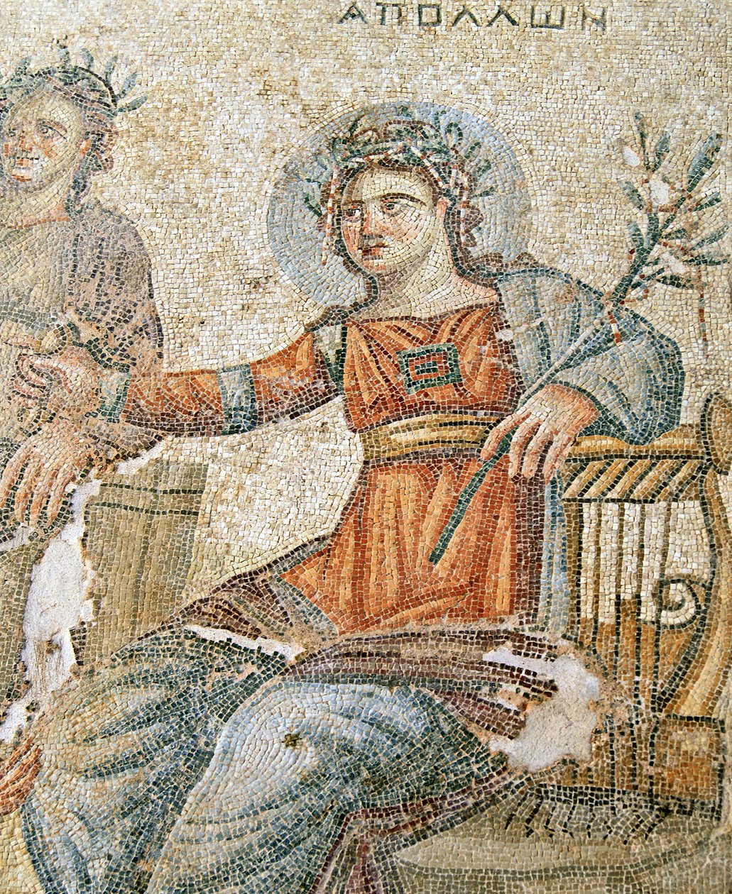 Apollon ja Marsyaksen mosaiikki, Plinius ja Apollon yksityiskohta, Aionin talo, Paphos, Kyproksen mosaiikki tekijältä Roman