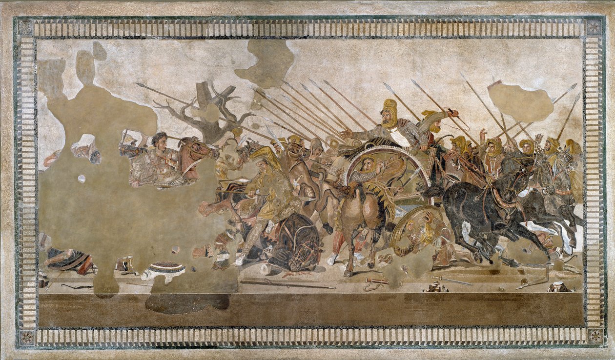 Aleksanteri III Suuren voitti Issoksen taistelun Darios (Darius) III Codomania (335 - 331 eKr.) vastaan - Pompejin mosaiikki - tekijältä Roman