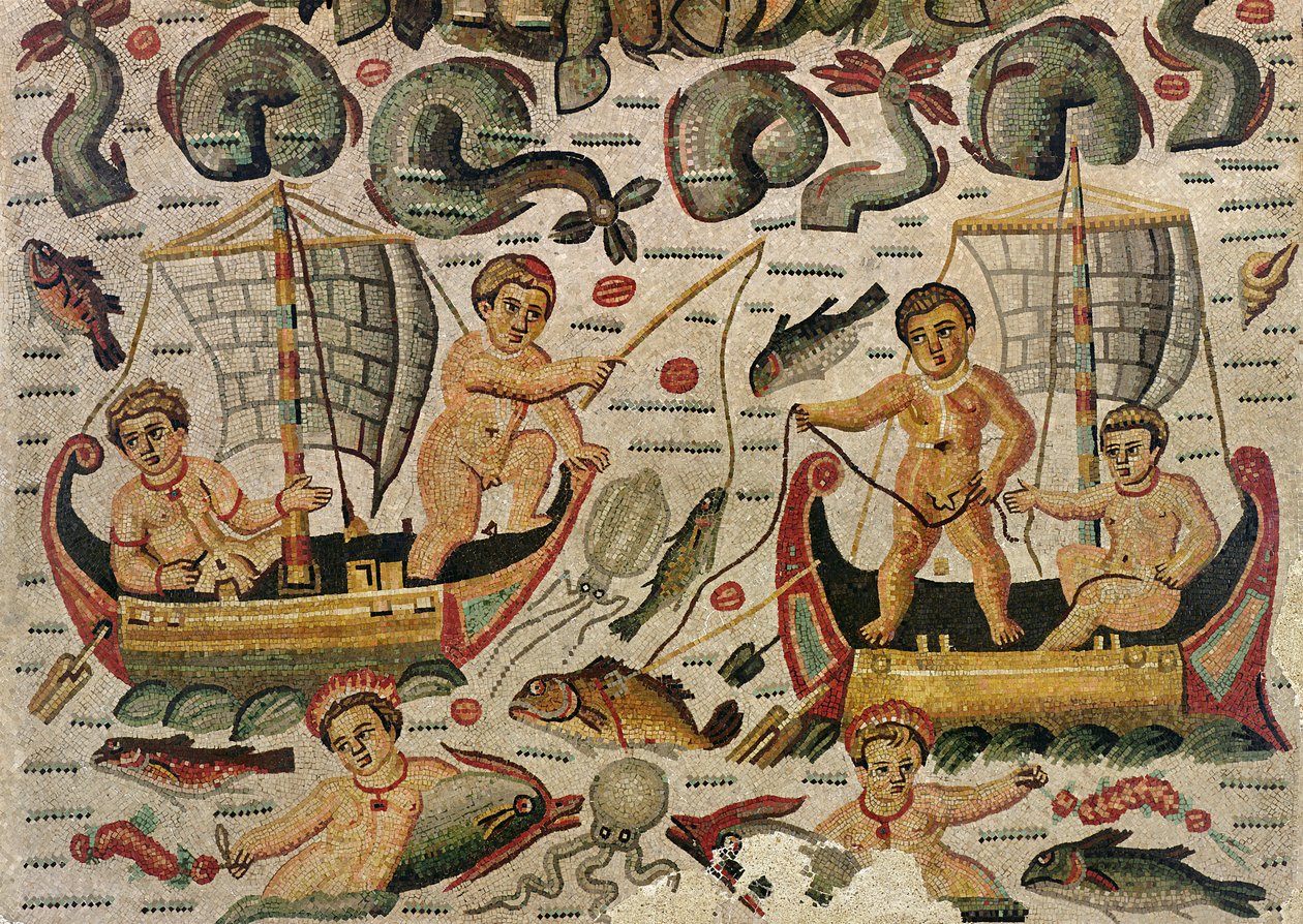Neptunuksen ja Amphitriten riemuvoitto, yksityiskohta kuppiksen kalastuksesta mosaiikki tekijältä Roman
