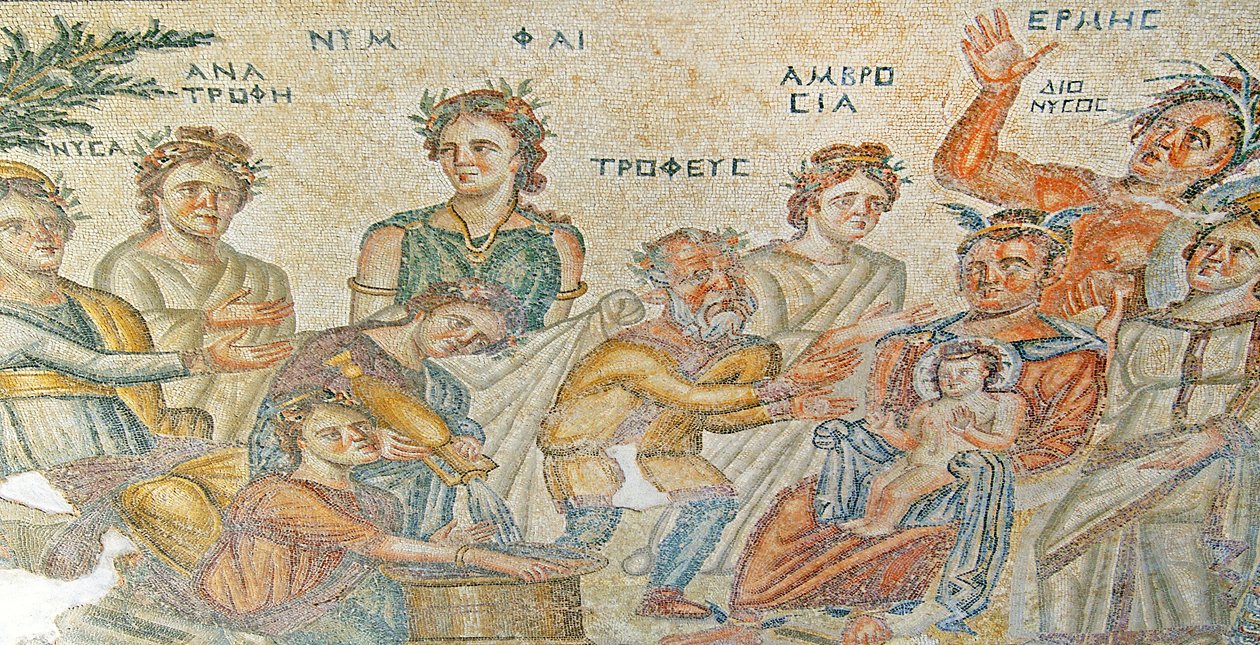 Hermeksen Dionysoksen vauvan esitys Silenukselle. House of Aion, Paphos, Kypros (mosaiikki) tekijältä Roman