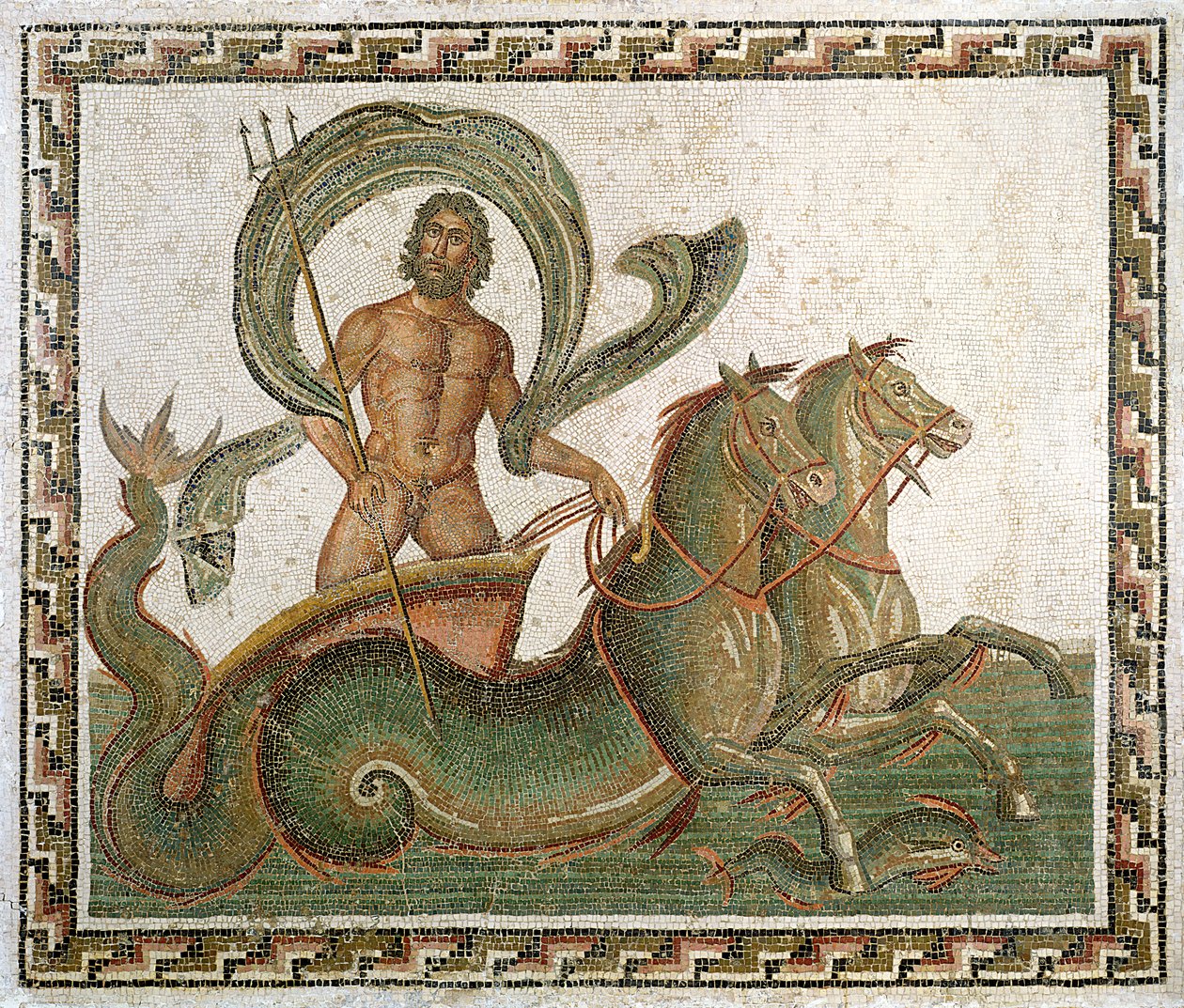 Neptunuksen voitto, jalkakäytävä Wadi Blibanen talosta, Sousse (muinainen Hadrumetum) (mosaiikki) tekijältä Roman