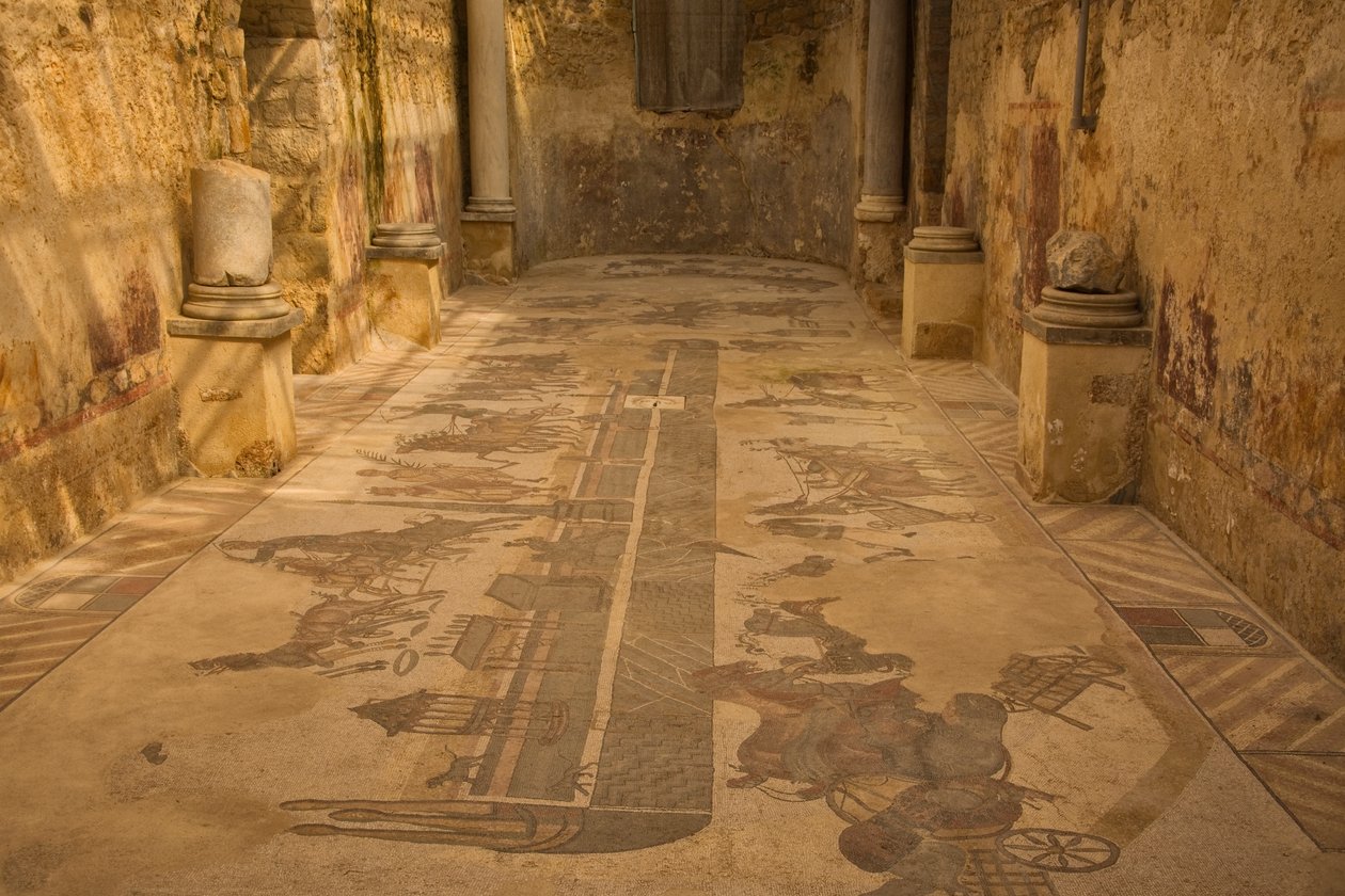 Kaksi Apse-huonetta, lattiamosaiikki, Villa Romana del Casale, Piazza Armerina, Sisilia, Italia (kuva) tekijältä Roman