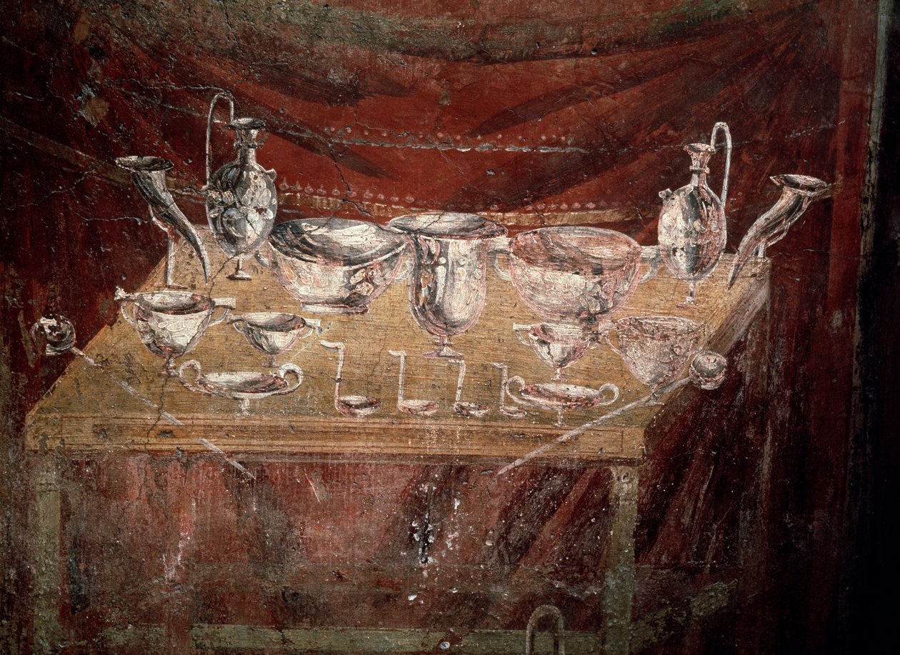 Näkymä hopea-astioilla katetusta pöydästä (fresko tekijältä Roman