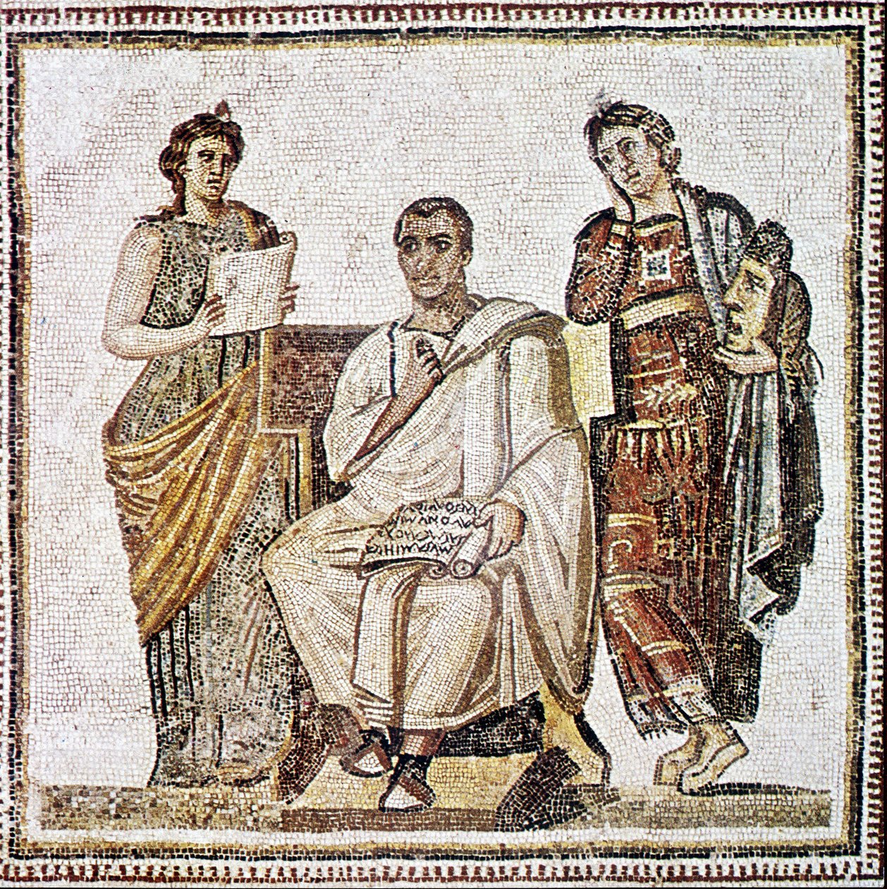 Virgil kirjoittaa Eneidea muusojen Clion ja Melpomenen katseen alla - Mosaiikki 4. vuosisadalta JC:n jälkeen Susasta Tunisiasta. tekijältä Roman