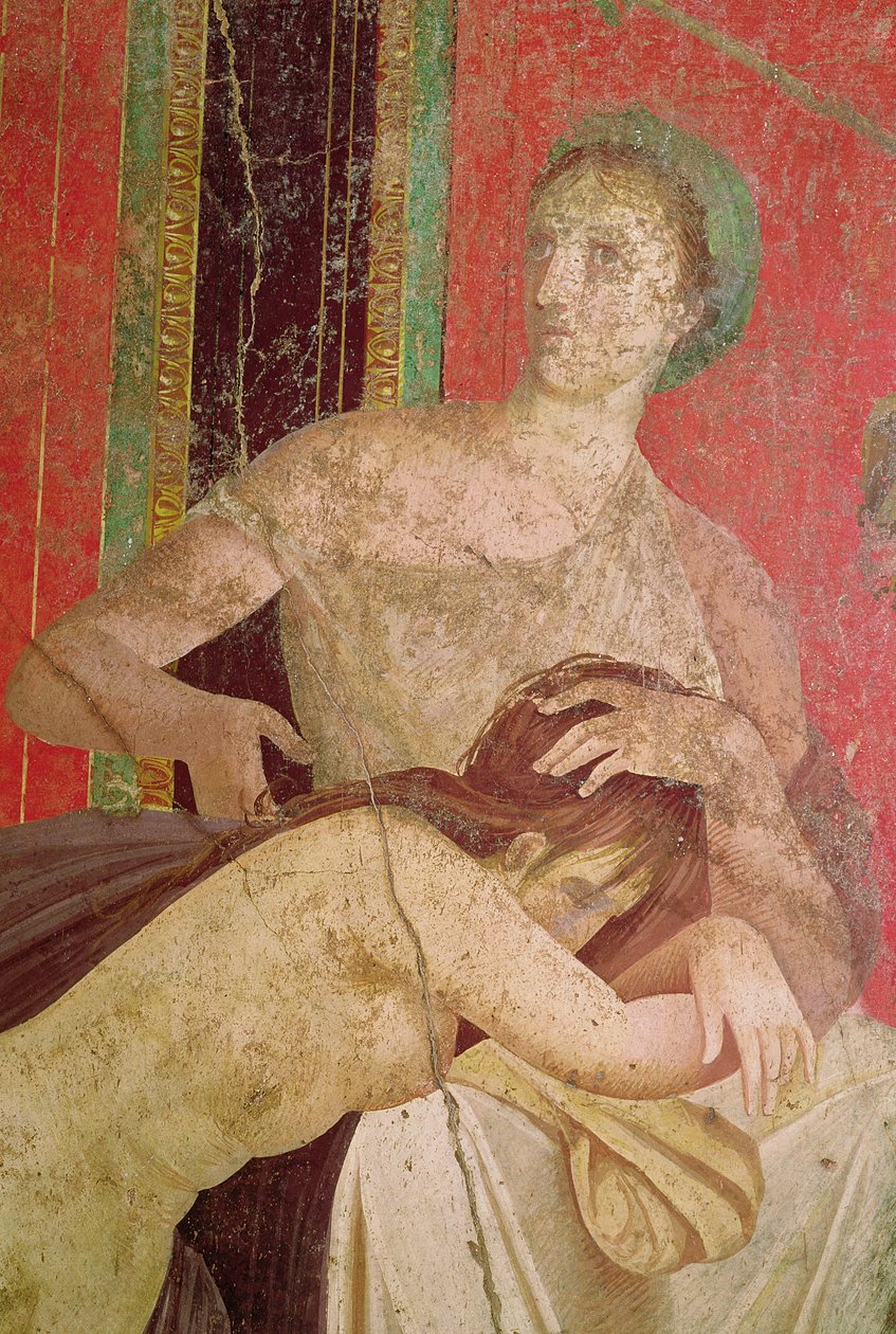 Nainen lohduttamassa vihkiytynyttä, eteläseinä, Oecus 5, 60-50 eKr. fresko, yksityiskohta kuvista 57190 ja 161043. tekijältä Roman