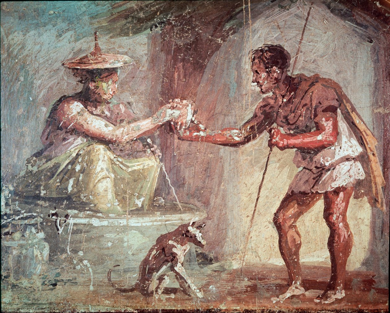 Nainen tarjoaa juotavaa vaeltajalle (fresko tekijältä Roman