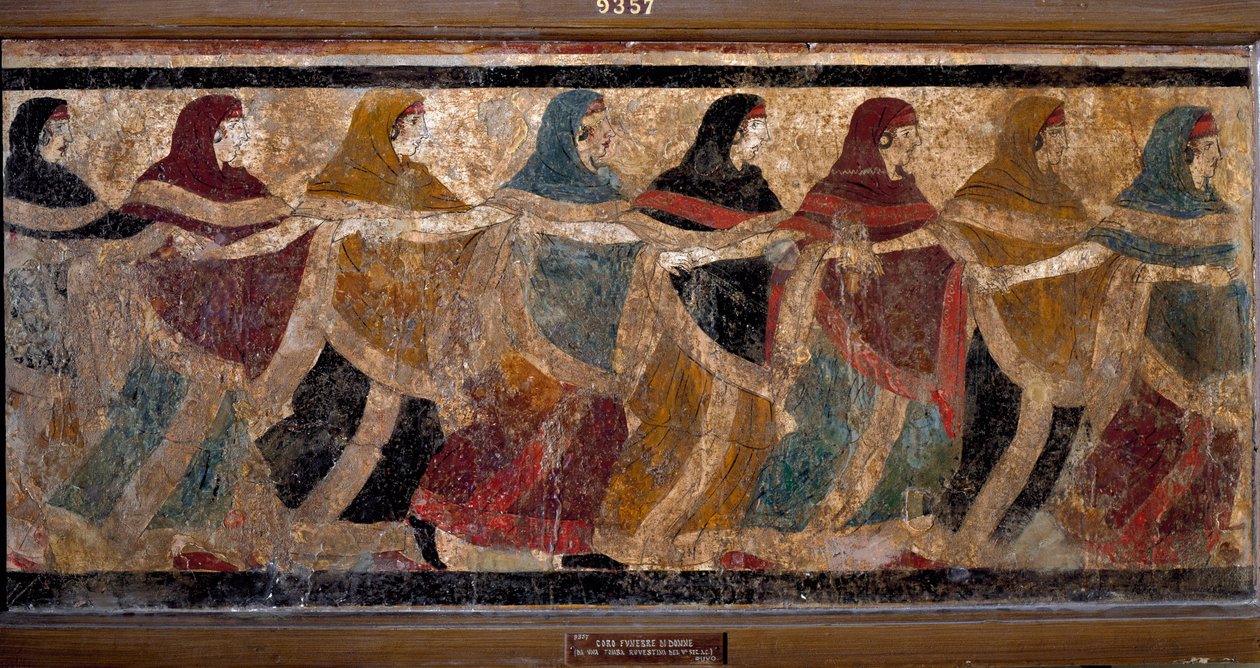 Naisten hautajaiskierros. Tuore 117x52,5cm. Maalaus haudasta nro 11, via dei Cappuccini Ruvossa, Italiassa. 5. vuosisadalla eaa. Tuore 6 fragmentissa. Inv. NO 9357. Kansallinen arkeologinen museo, Napoli (Musee Archeologique de Naples). tekijältä Roman