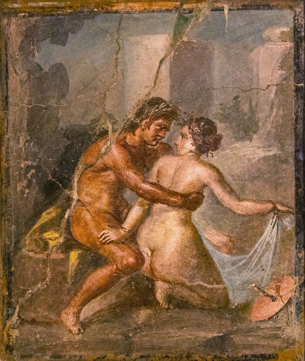 Satyr ja Nymfi, 1.H. 1. vuosisadalla. ILMOITUS. tekijältä Roman Pompeian wall painting.