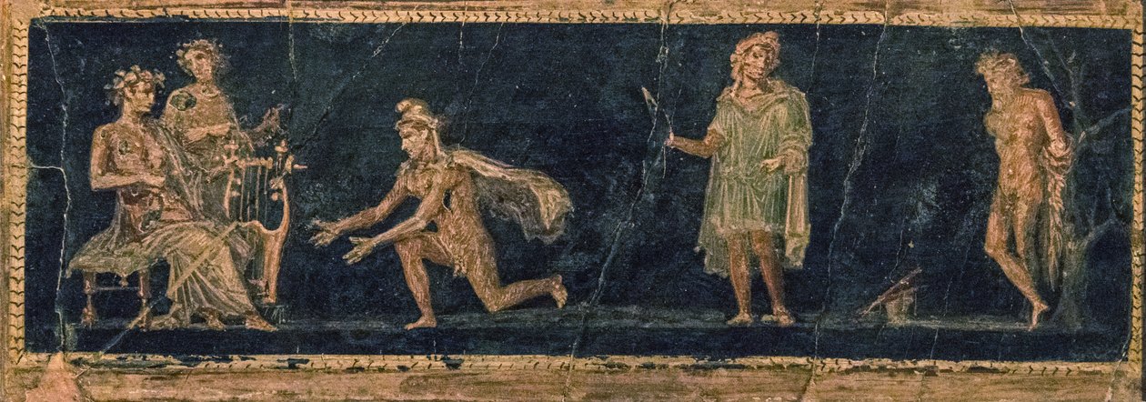 Musiikkikilpailu Apollon ja Marsyaksen välillä, 1. vuosisadalla eKr. ILMOITUS. tekijältä Roman Pompeian wall painting.