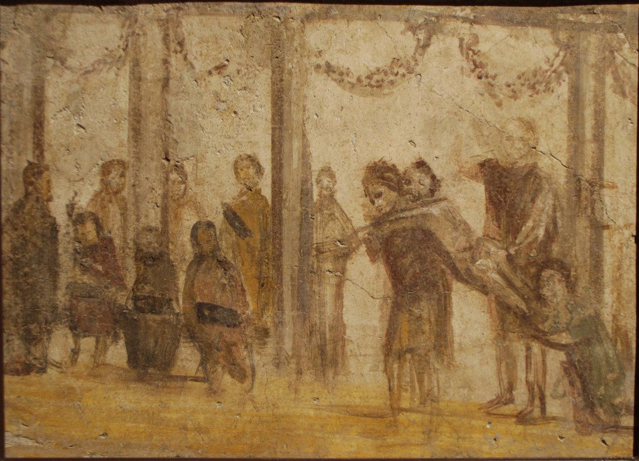 Oppilaan rangaistus. Fresko Julia Felixin talosta, 1. vuosisadalla. tekijältä Roman Pompeian wall painting.