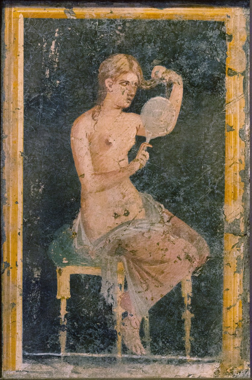 Nainen peilin kanssa, 1. H. 1. vuosisata. ILMOITUS. tekijältä Roman Pompeian wall painting.