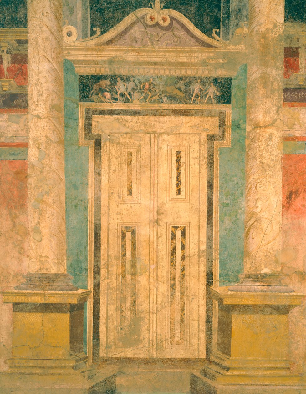 Aeacuksen seinä scenografisella freskokoristeella väärennetyllä ovella, roomalaisesta Boscorealen huvilasta (Napoli), roomalainen sivilisaatio, tekijältä Roman Roman