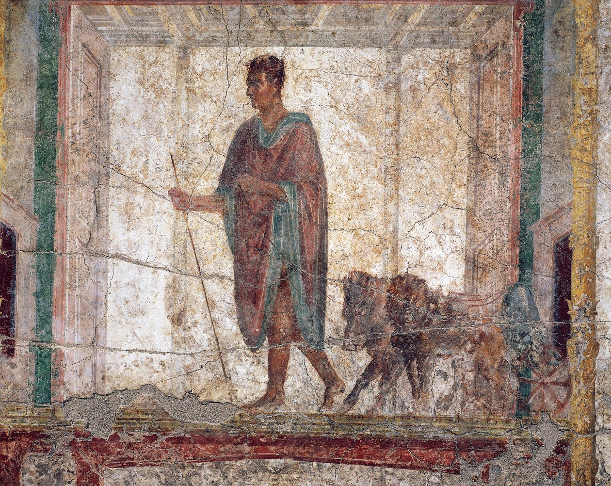 Muinainen roomalainen fresko A.D.metus, jossa villisika ja leijona ikeessä vaunuihin tekijältä Roman Roman