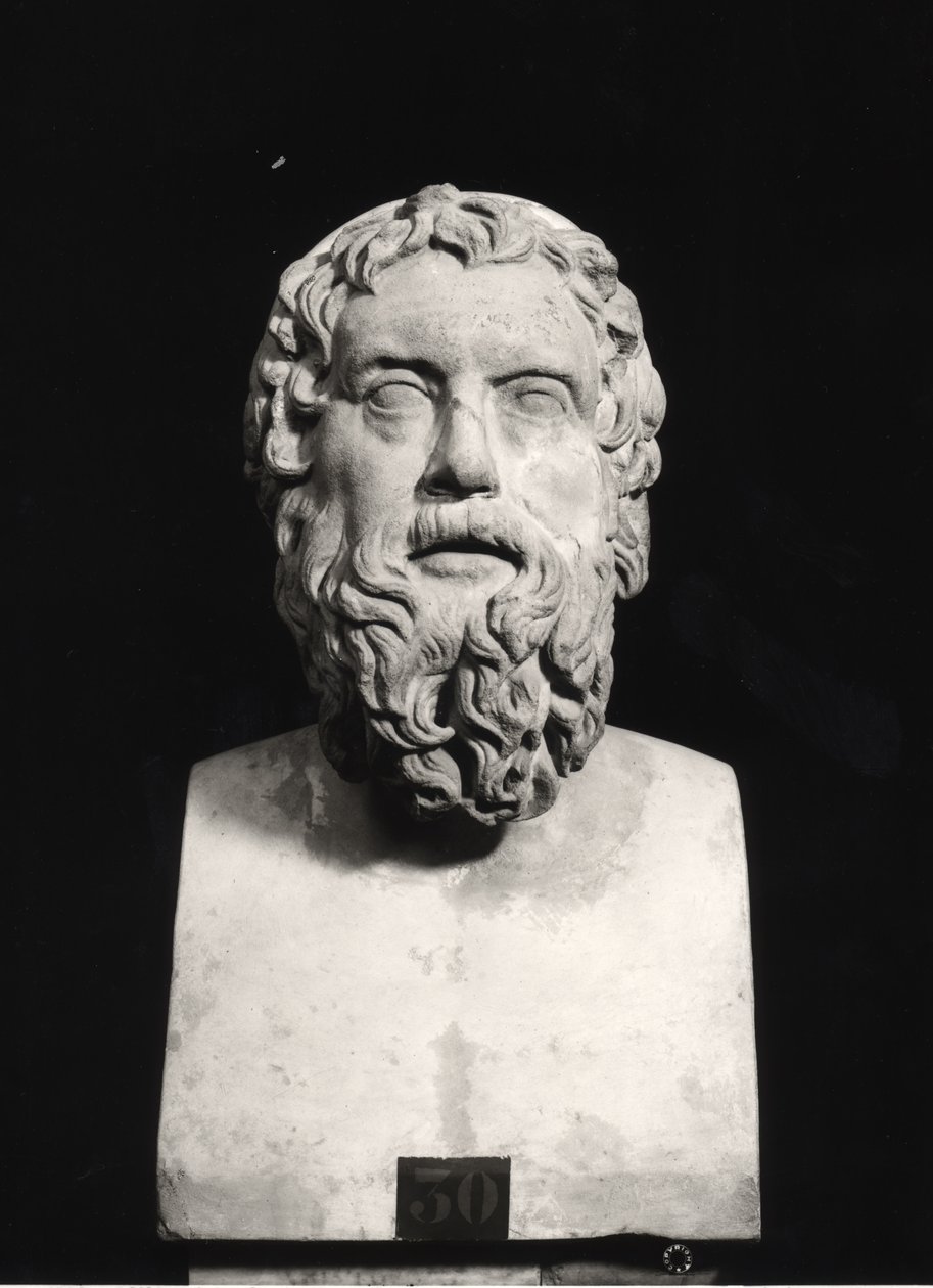 Aristophanesin rintakuva (n. 445 - n. 385 eKr.) (marmori) (mv/w valokuva) tekijältä Roman Roman
