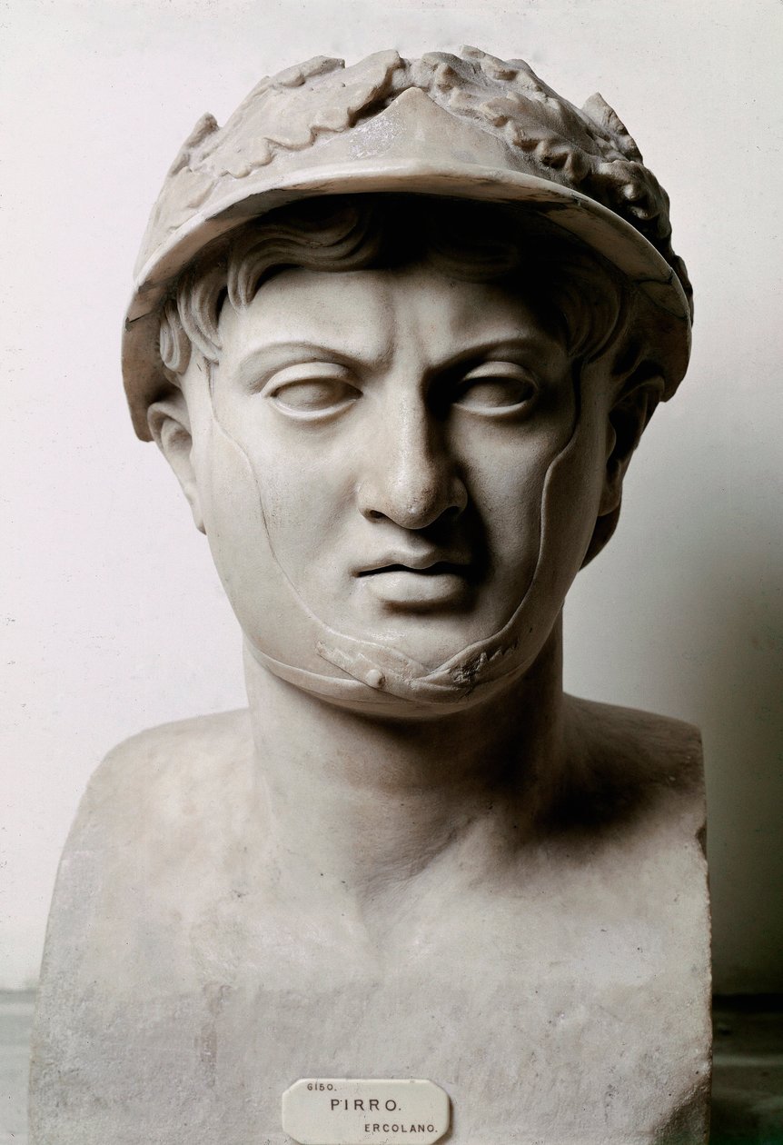 Pyrrhus I:n (tai Pyrrhoksen) Epiren kuninkaan rintakuva vuosina 306–272 eKr. Herculaneumista (Herculanum). Alkuperäisestä vuodelta 290 eaa. Napoli, kansallinen arkeologinen museo - Epiroksen Pyrrhoksen rintakuva (319-272 eKr.). Roomalainen kopio alkuperäis tekijältä Roman Roman