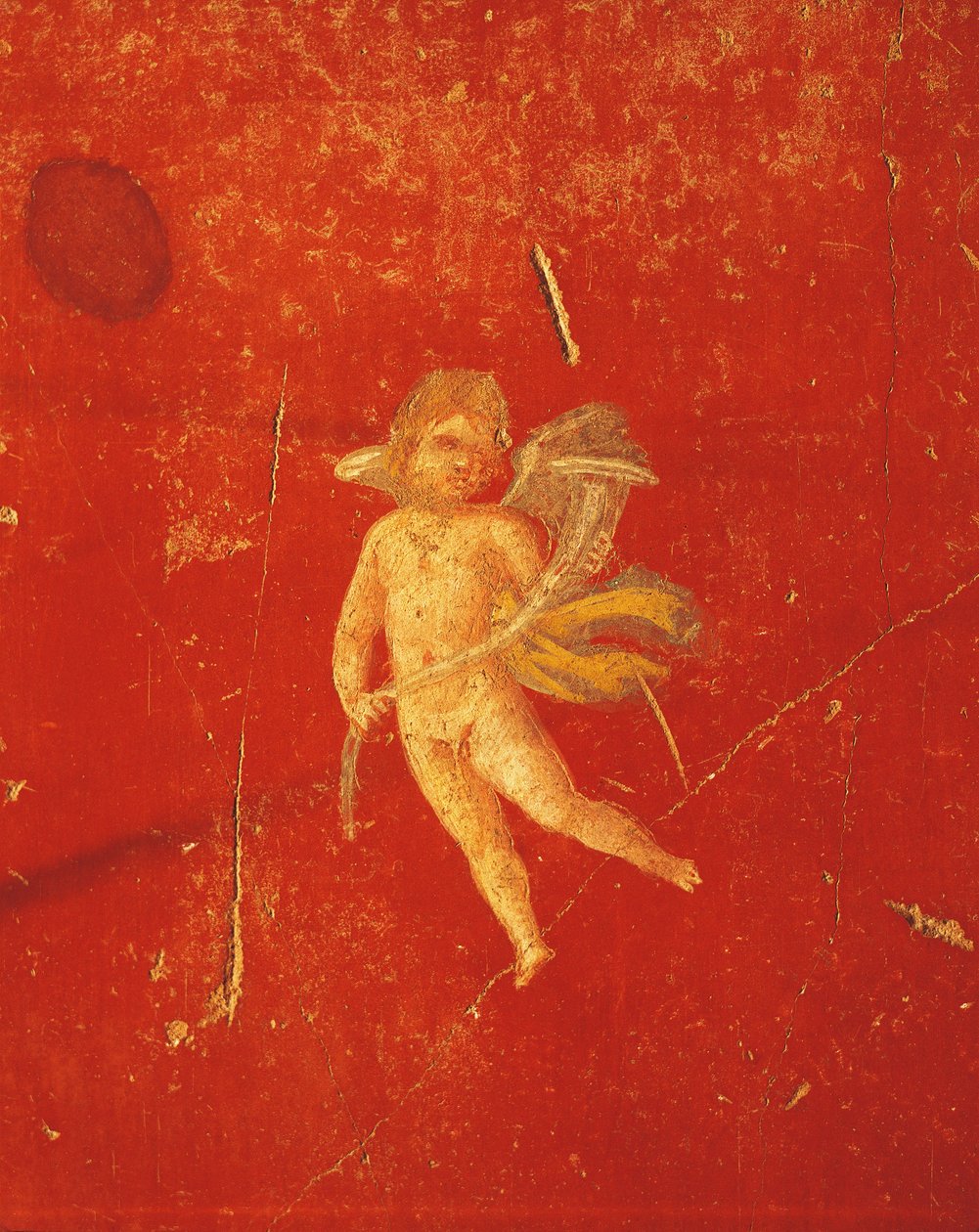 Kerubi punaisella pompeilaisella taustalla, fresko neljänteen pompeilaiseen tyyliin, House of Pinario Ceriale, Pompei, Campania, roomalainen sivilisaatio tekijältä Roman Roman