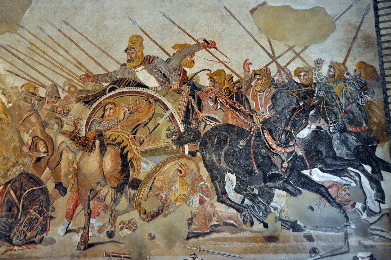Yksityiskohta Pompeijin mosaiikista: Issoksen taistelu Aleksanterin ja Dareioksen välillä (4. vuosisata eKr.). - Kuningas Dareios III Codoman (380-330 eKr.), vaunuillaan - opus vermiculatum - Napolin arkeologinen museo, Italia - Museo Archeologico Nazional tekijältä Roman Roman