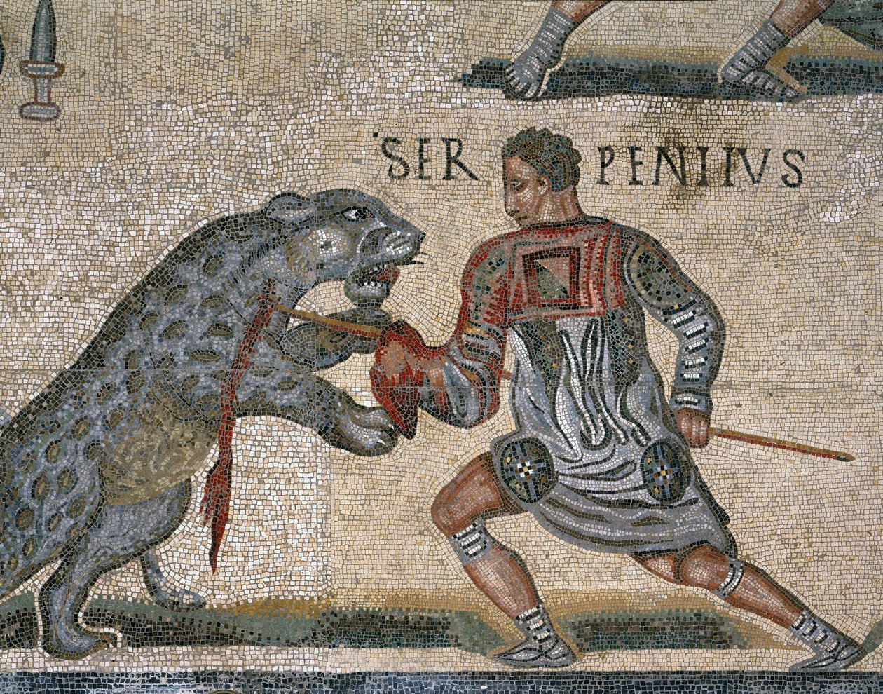 Yksityiskohta gladiaattoritaistelun mosaiikista, alun perin Torre Nuovasta tekijältä Roman Roman