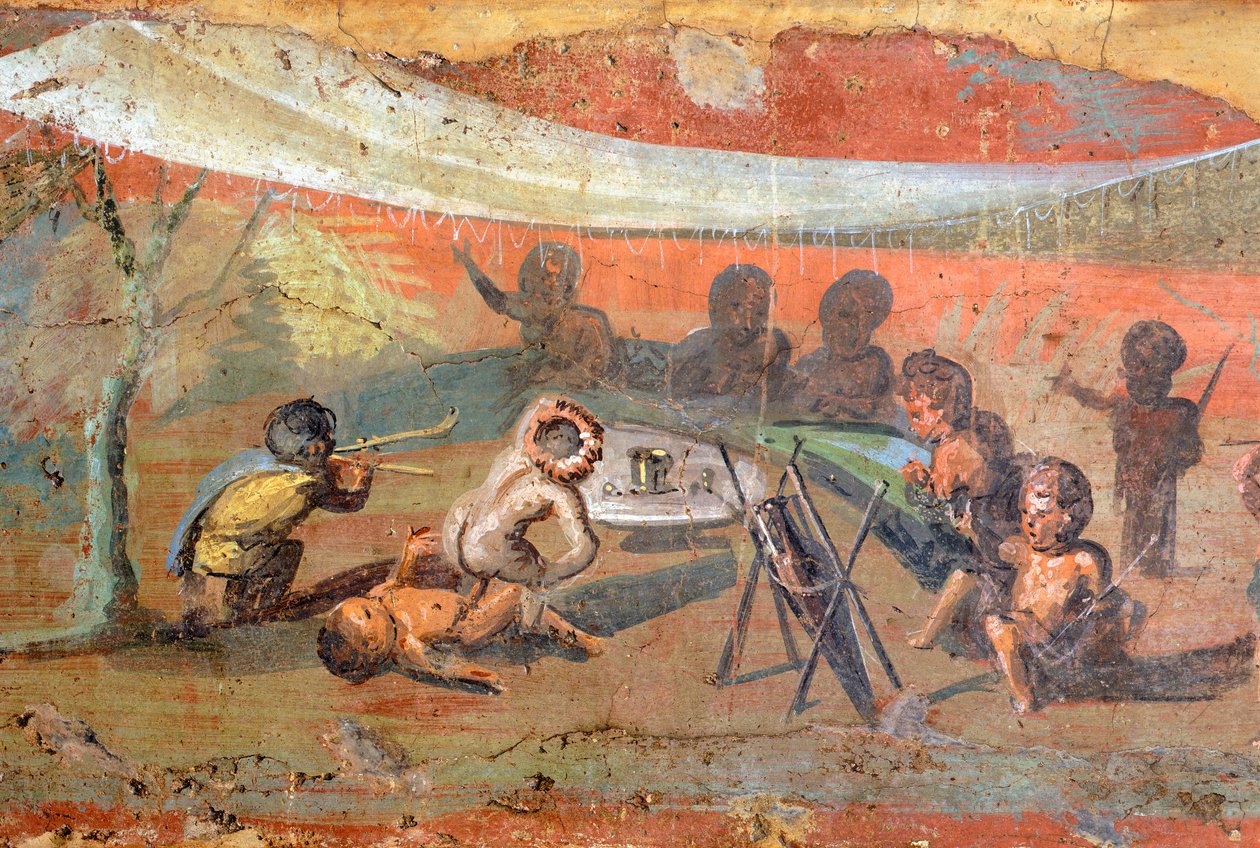 Yksityiskohta maalauksesta, joka kuvaa Niilin varrella kipsille asetettua kohtausta pygmien kanssa, 56x217 cm, Pompejista, Unescon maailmanperintöluettelosta tekijältä Roman Roman