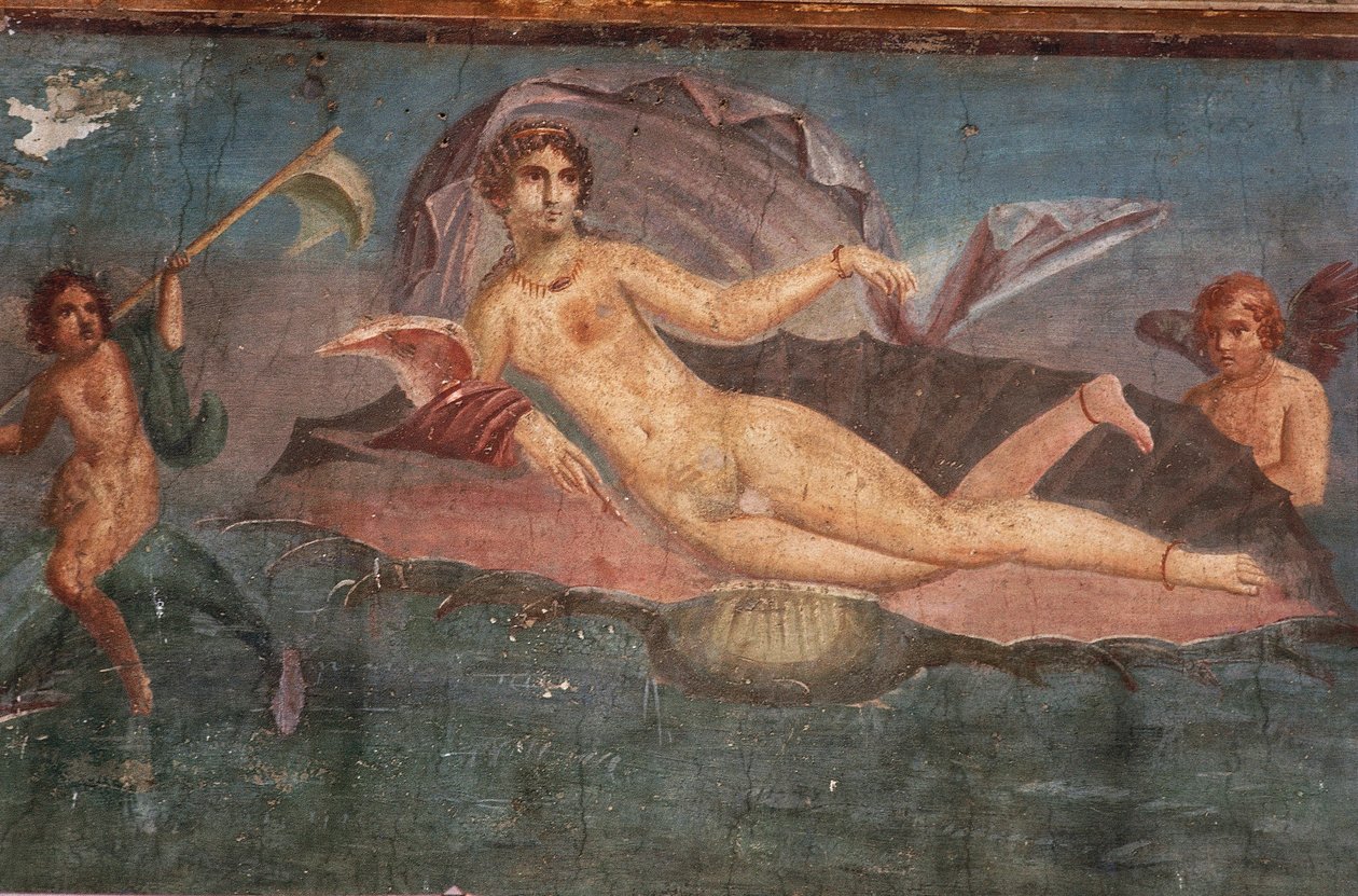 Yksityiskohta freskosta Venuksen talossa simpukankuoressa, Pompejissa, Campaniassa, roomalaisessa sivilisaatiossa tekijältä Roman Roman
