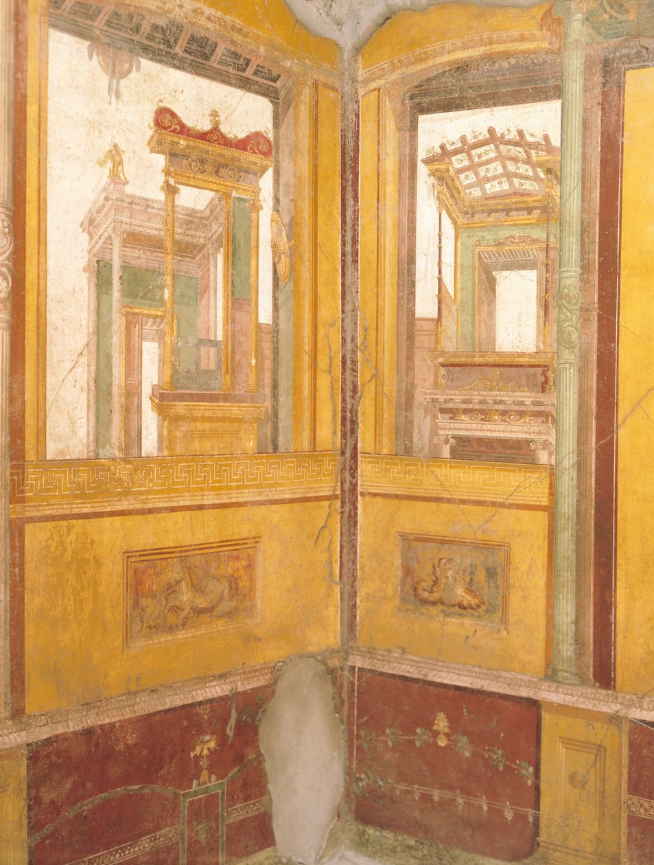 Yksityiskohta freskotetusta seinästä faux-arkkitehtuurissa, Vettii-talo, Pompeiji, Campania, roomalainen sivilisaatio tekijältä Roman Roman