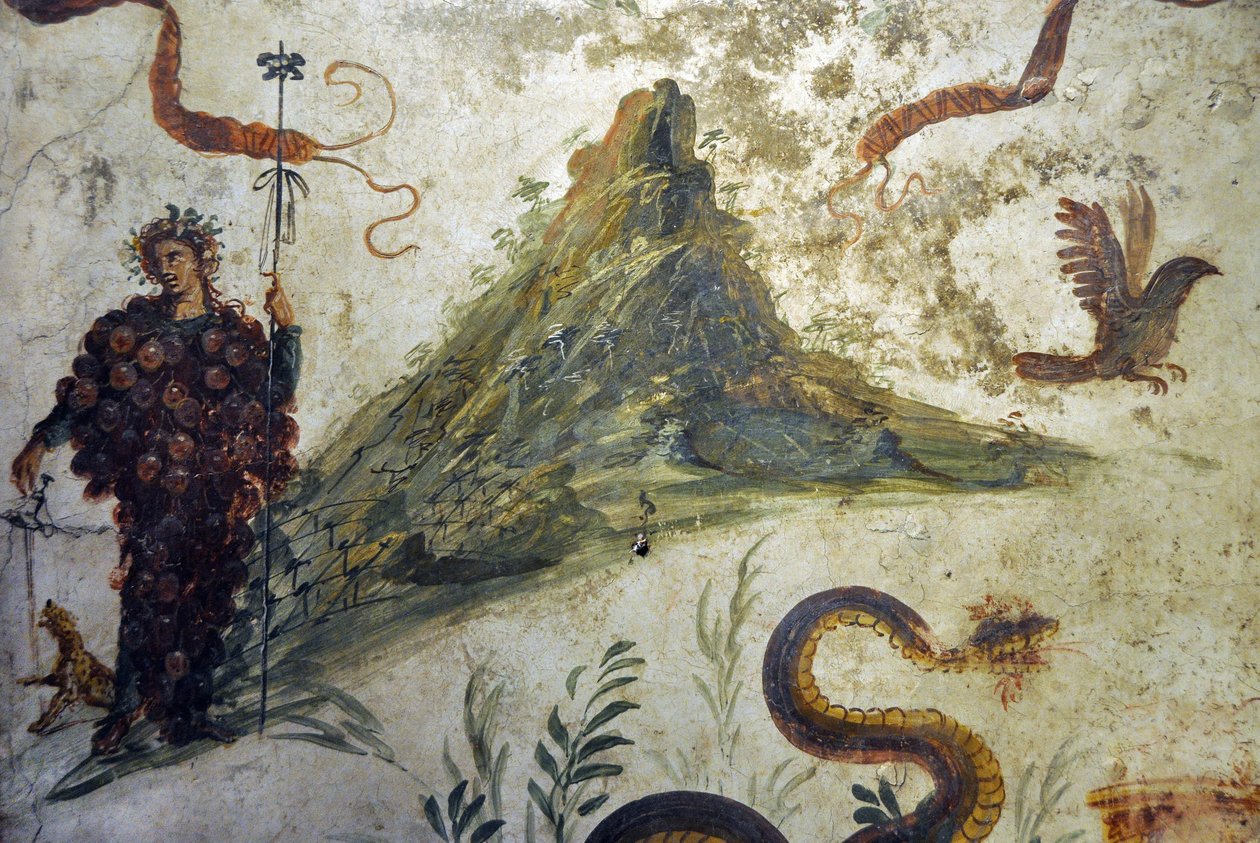 Vesuve-vuoren edessä seisovien rypäleklustereiden Dionysos vetu - Pompejin fresko, casa diel centenario (centenario-talo) - Napoli, Kansallinen arkeologinen museo tekijältä Roman Roman