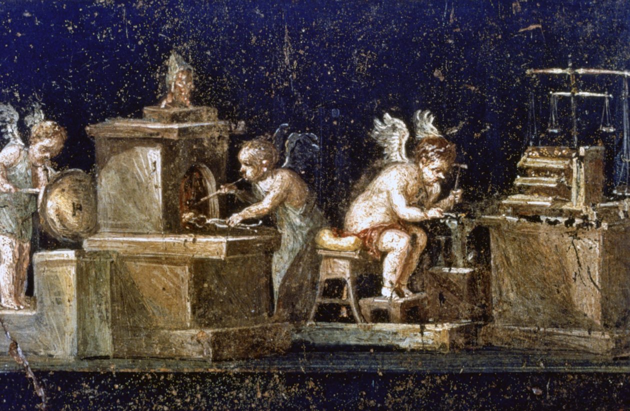 Kaivaukset Pompejissa: Kaivausten aikana paljastettu seinämaalaus Vetin talosta, jossa kupidot kultasepinä. Pompeji tuhoutui Vesuviuksen purkauksessa vuonna 79 jKr. tekijältä Roman Roman