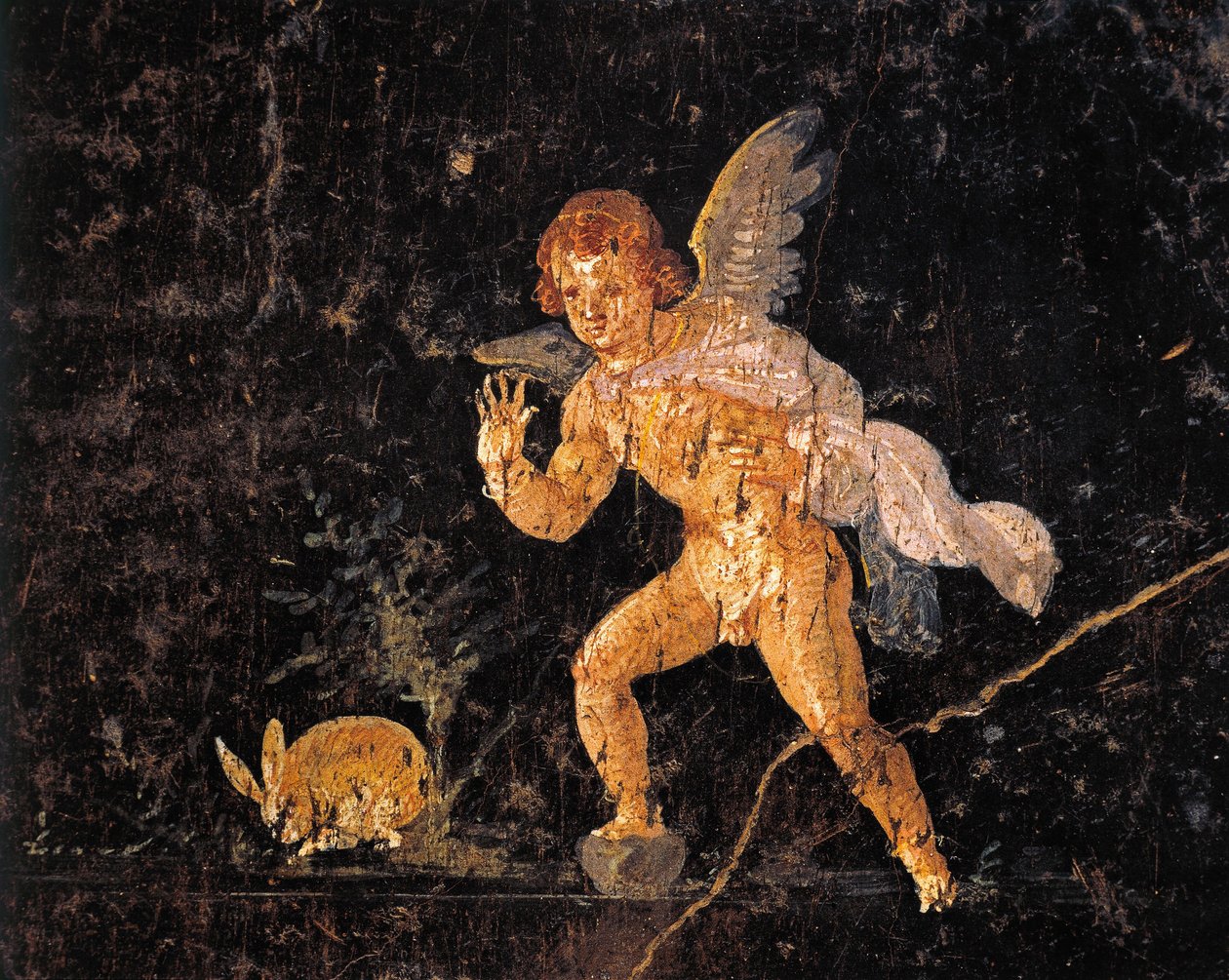 Fresko, joka kuvaa Cupidoa jahtaamassa jänistä, Pompejista, Italiasta tekijältä Roman Roman
